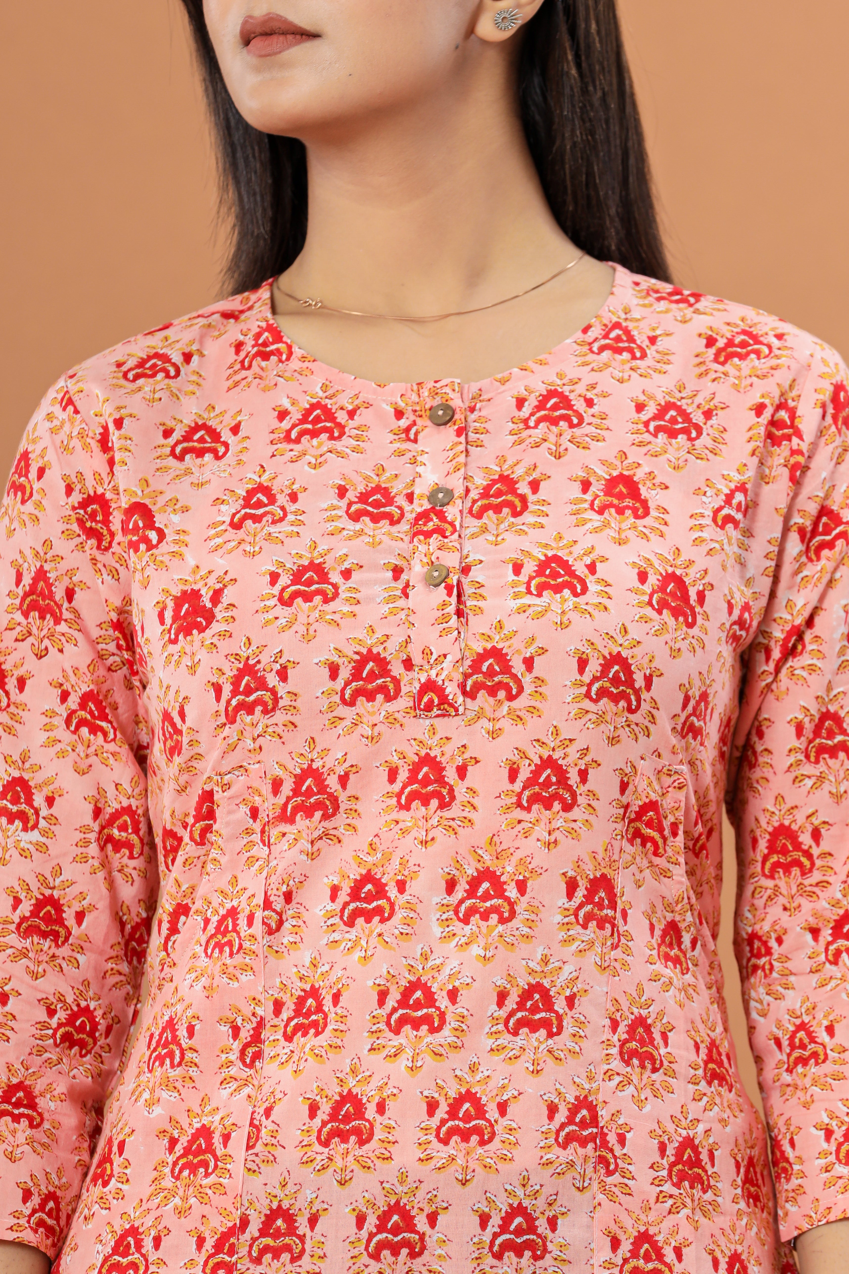 Peach Bouquet Flower Lounge Womens Hand Block Printed Tops