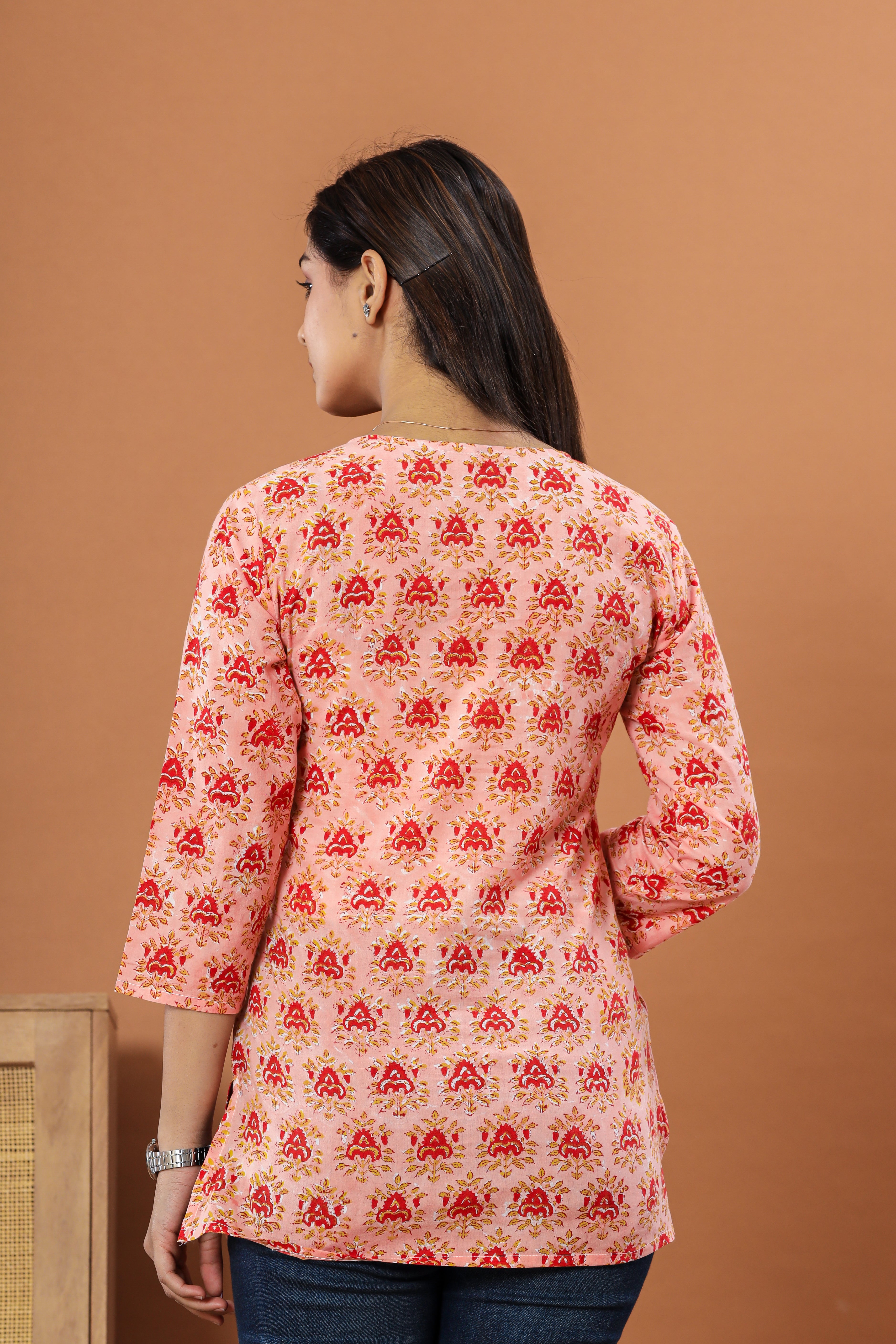 Peach Bouquet Flower Lounge Womens Hand Block Printed Tops