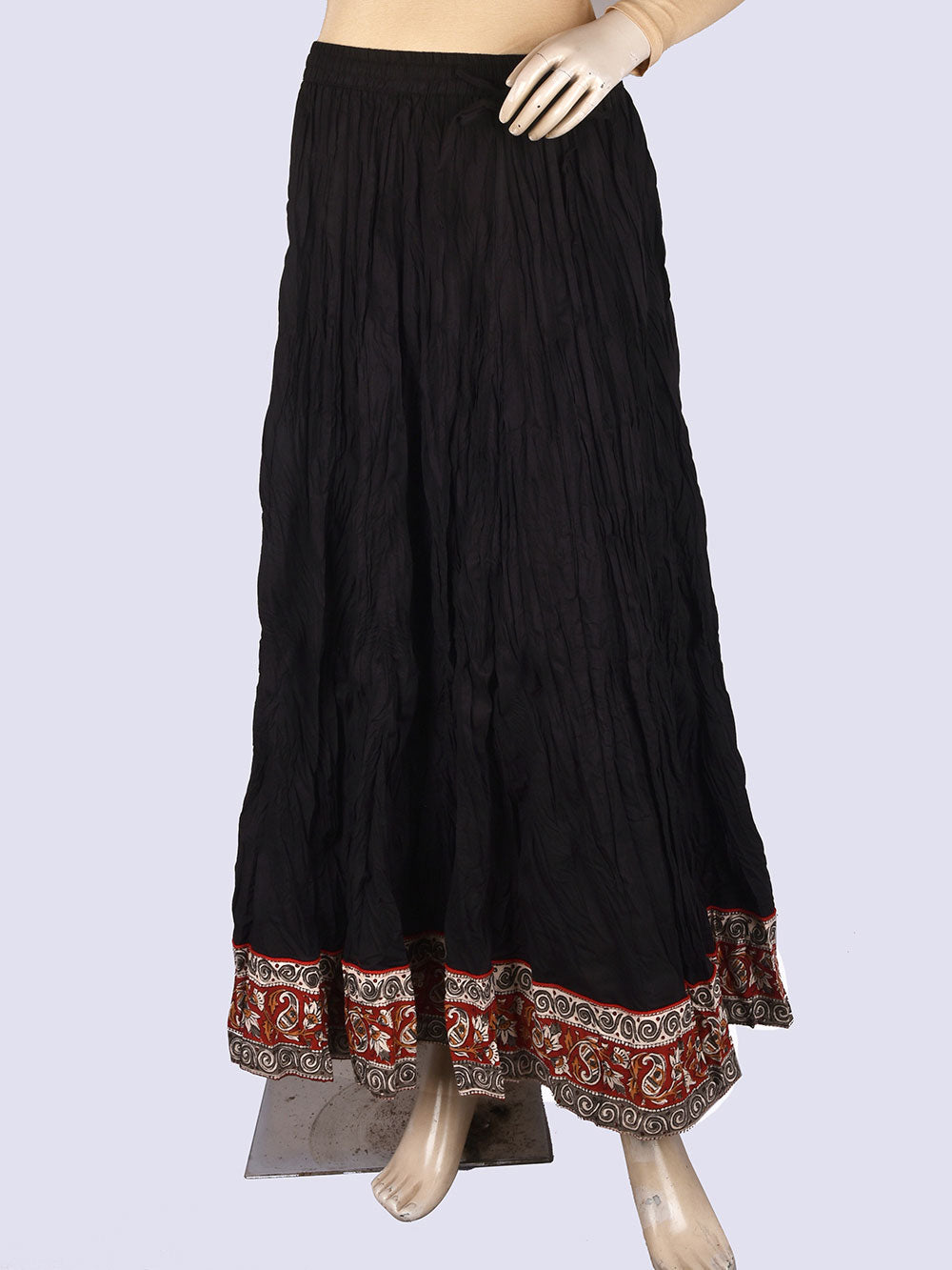 Plain Dyed Black with Kalamkari Border Crinkled Cotton 28 Kali Kalidaar Skirt