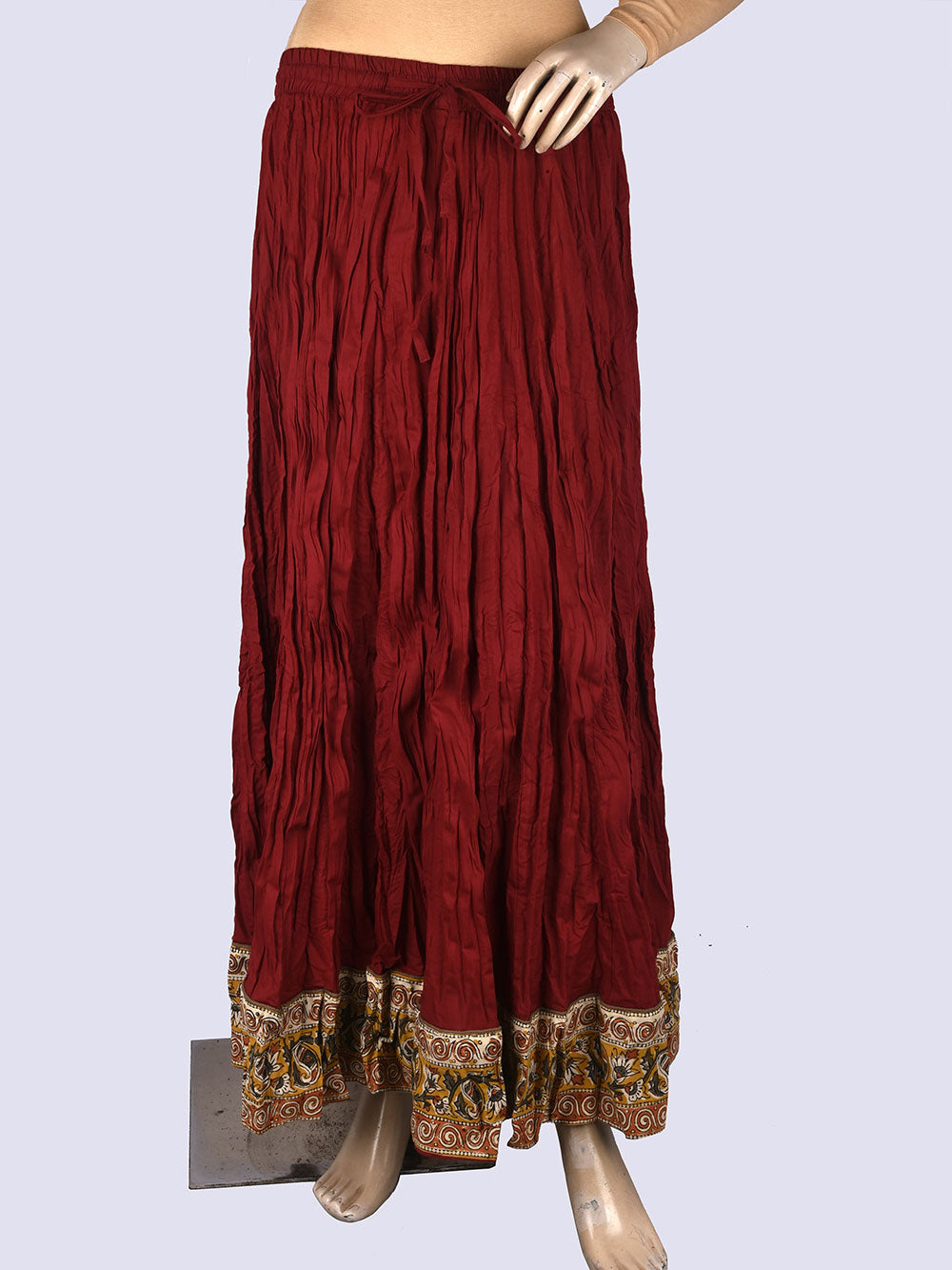 Plain Dyed Maroon with Kalamkari Border Crinkled Cotton 28 Kali Kalidaar Skirt