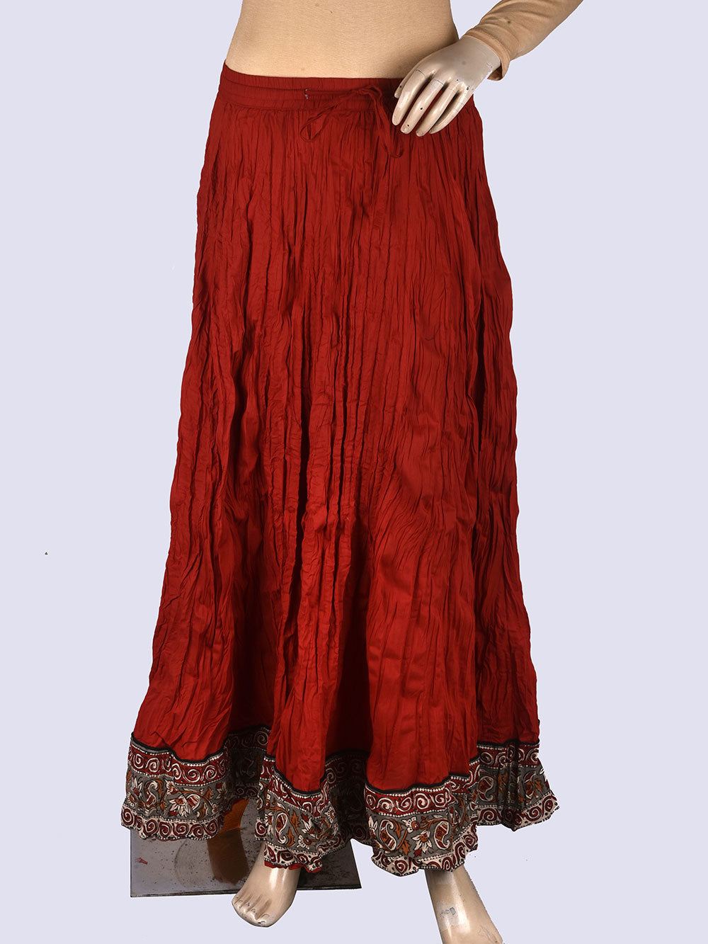 Plain Dyed Bagru Red with Kalamkari Border Crinkled Cotton 28 Kali Kalidaar Skirt