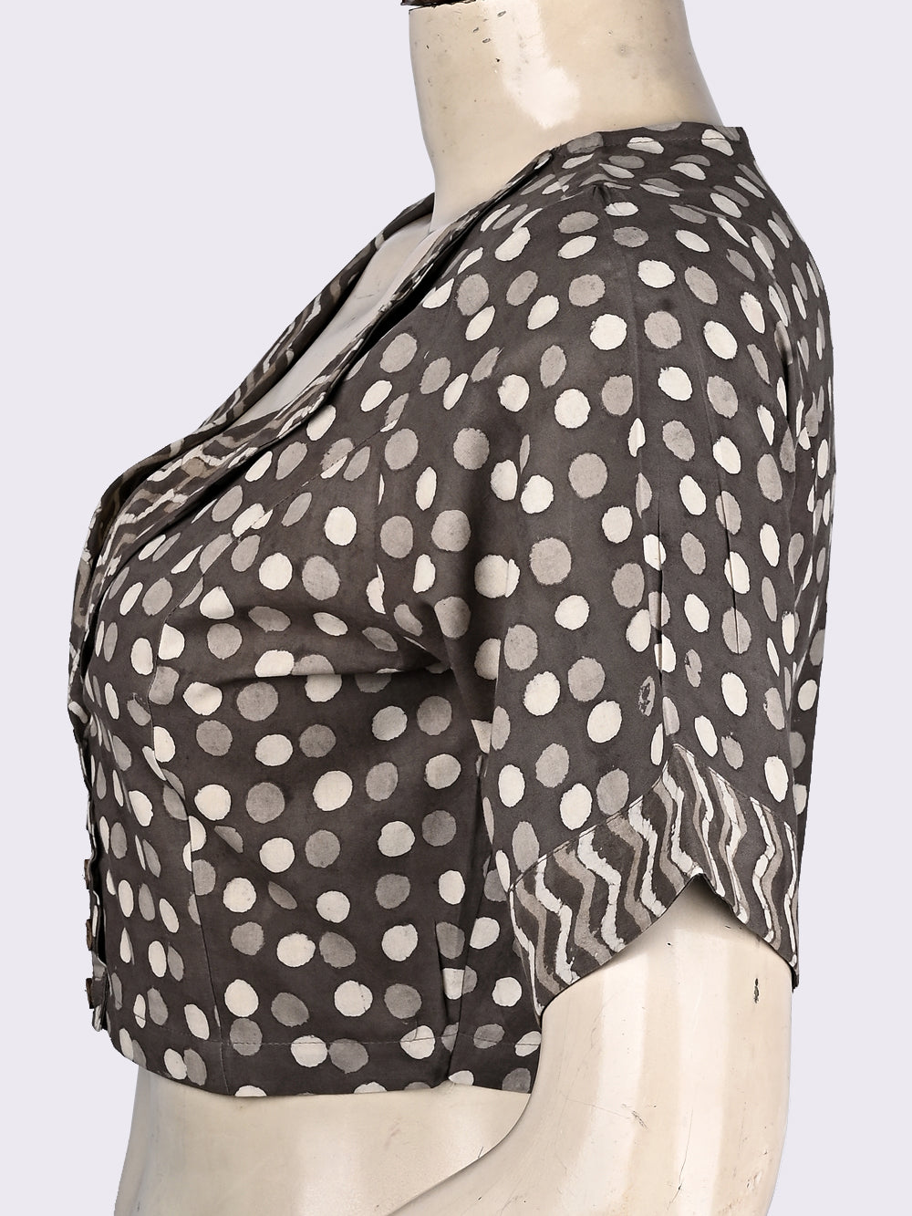 Daboo Grey Polka Print Overlap Collar Hand Block Printed Cotton Blouse