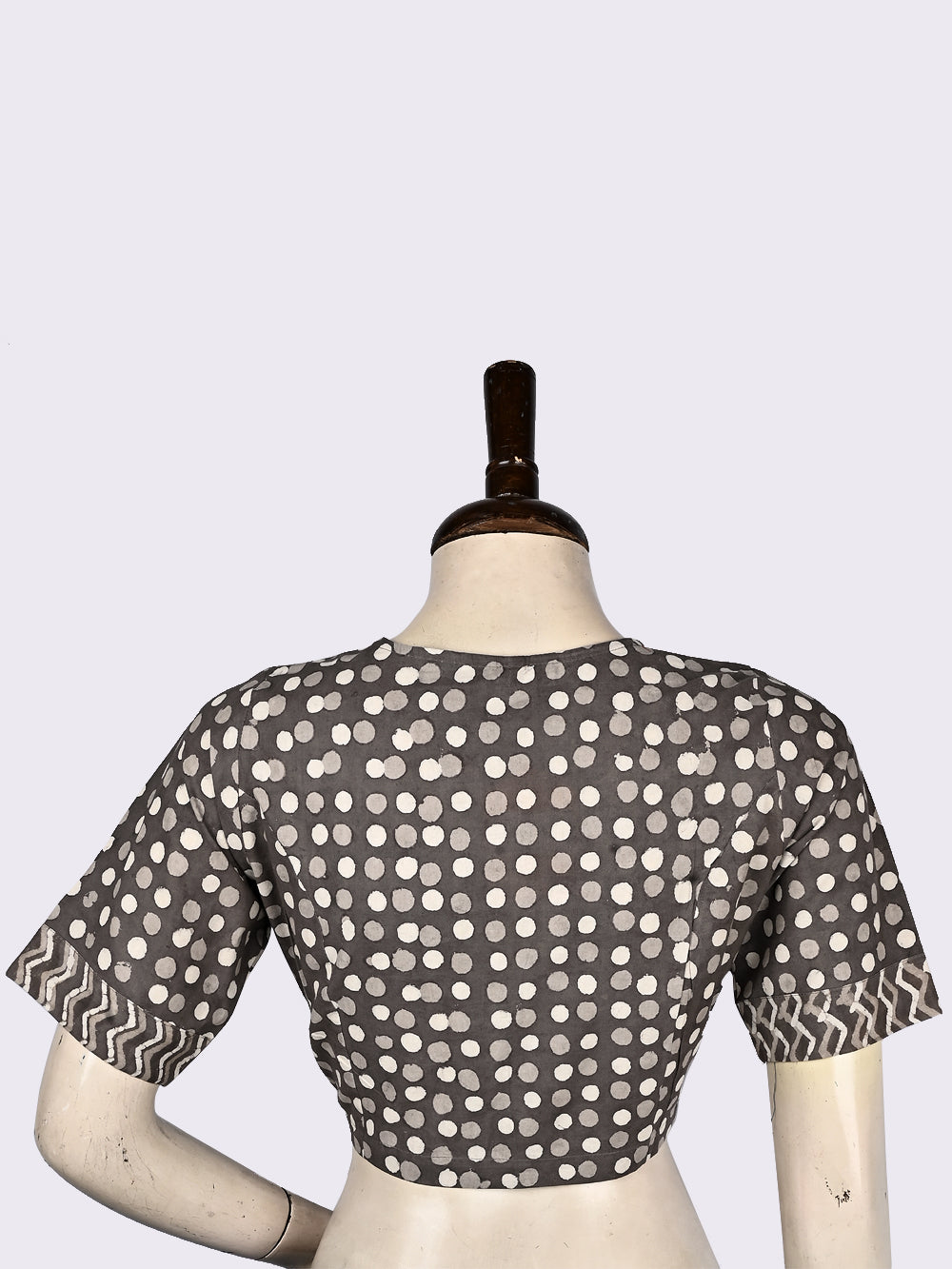 Daboo Grey Polka Print Overlap Collar Hand Block Printed Cotton Blouse