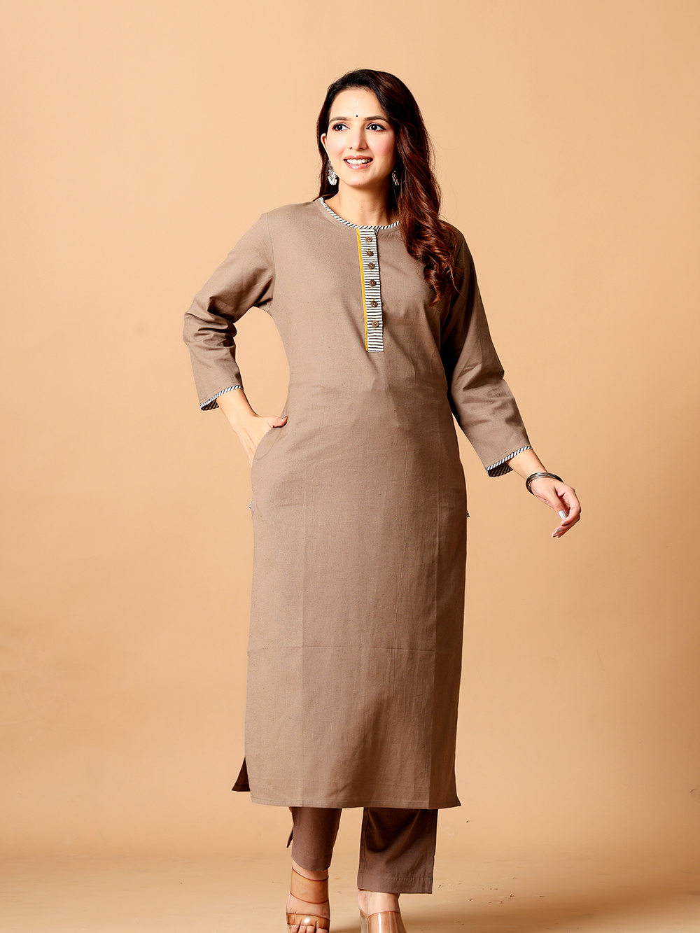Brownish Grey Cotton flax Rozaana Kurta
