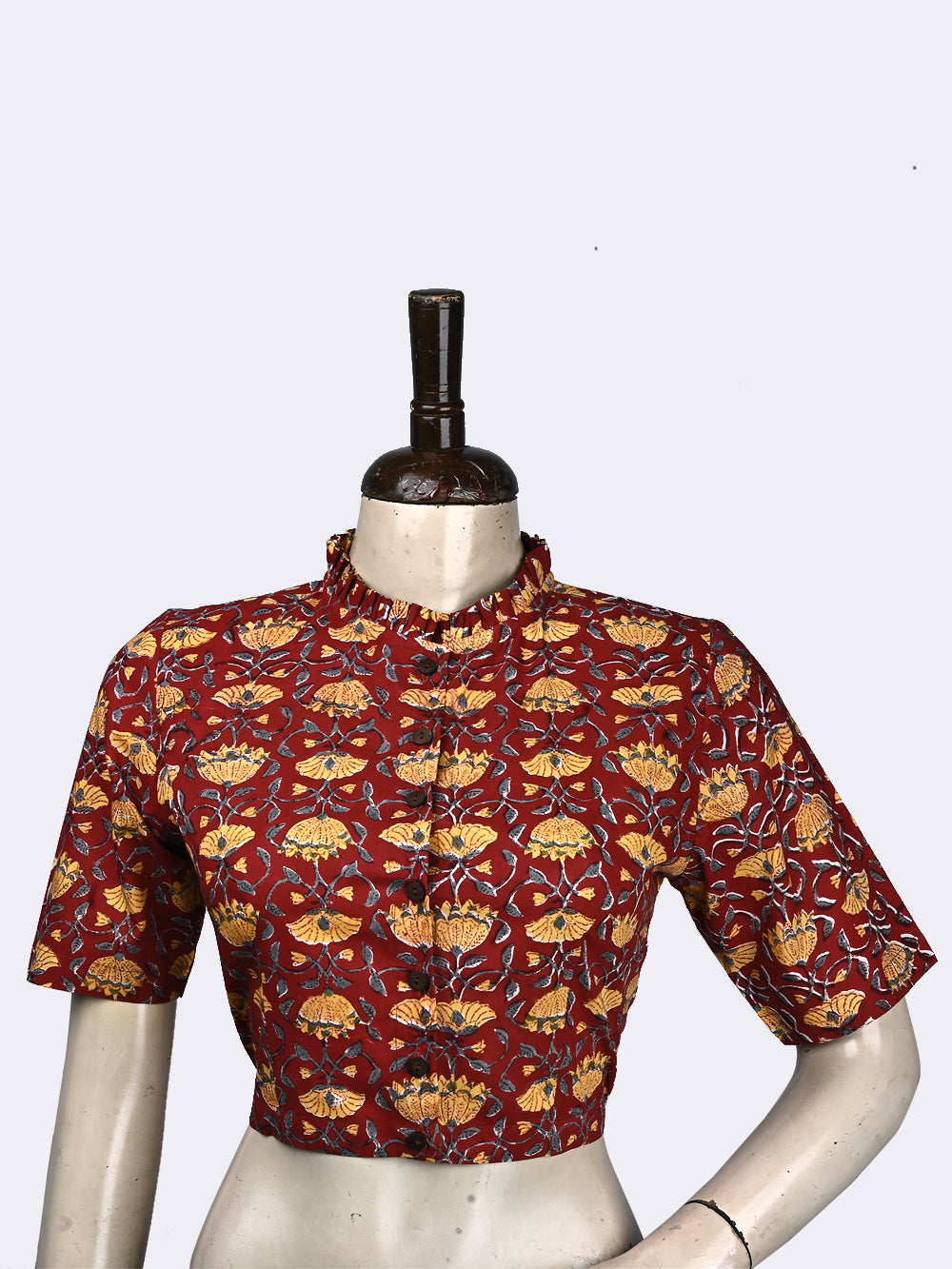 Red Foliage Frill Collar Hand Block Printed Cotton Blouse