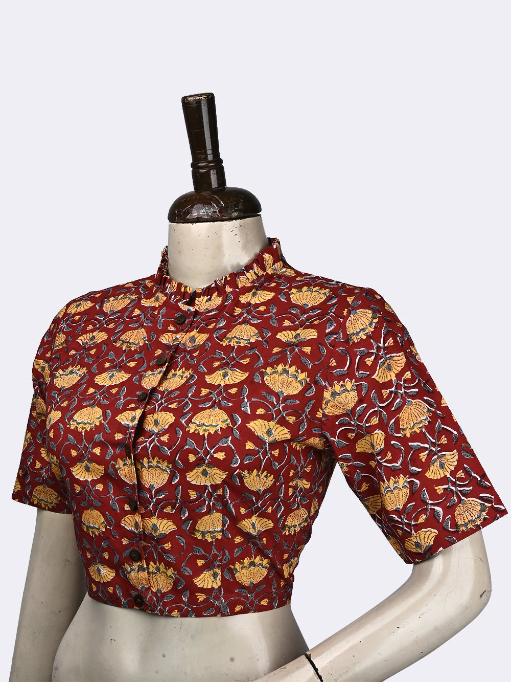 Red Foliage Frill Collar Hand Block Printed Cotton Blouse