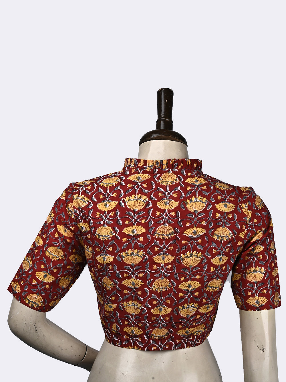 Red Foliage Frill Collar Hand Block Printed Cotton Blouse