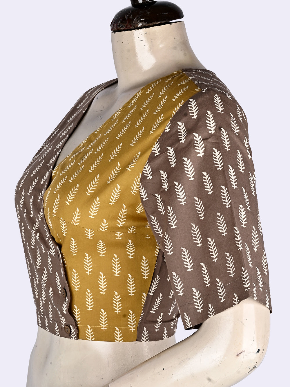 Grey-Yellow Ferns Angrakha Hand Block Printed Cotton Blouse