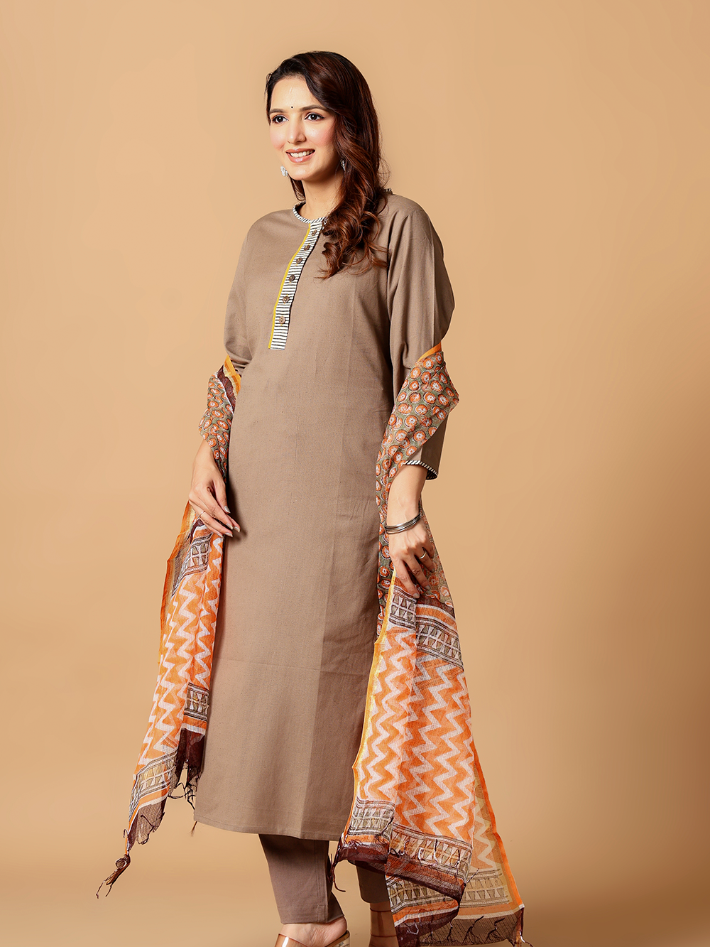 Brownish Grey Cotton flax Rozaana Kurta
