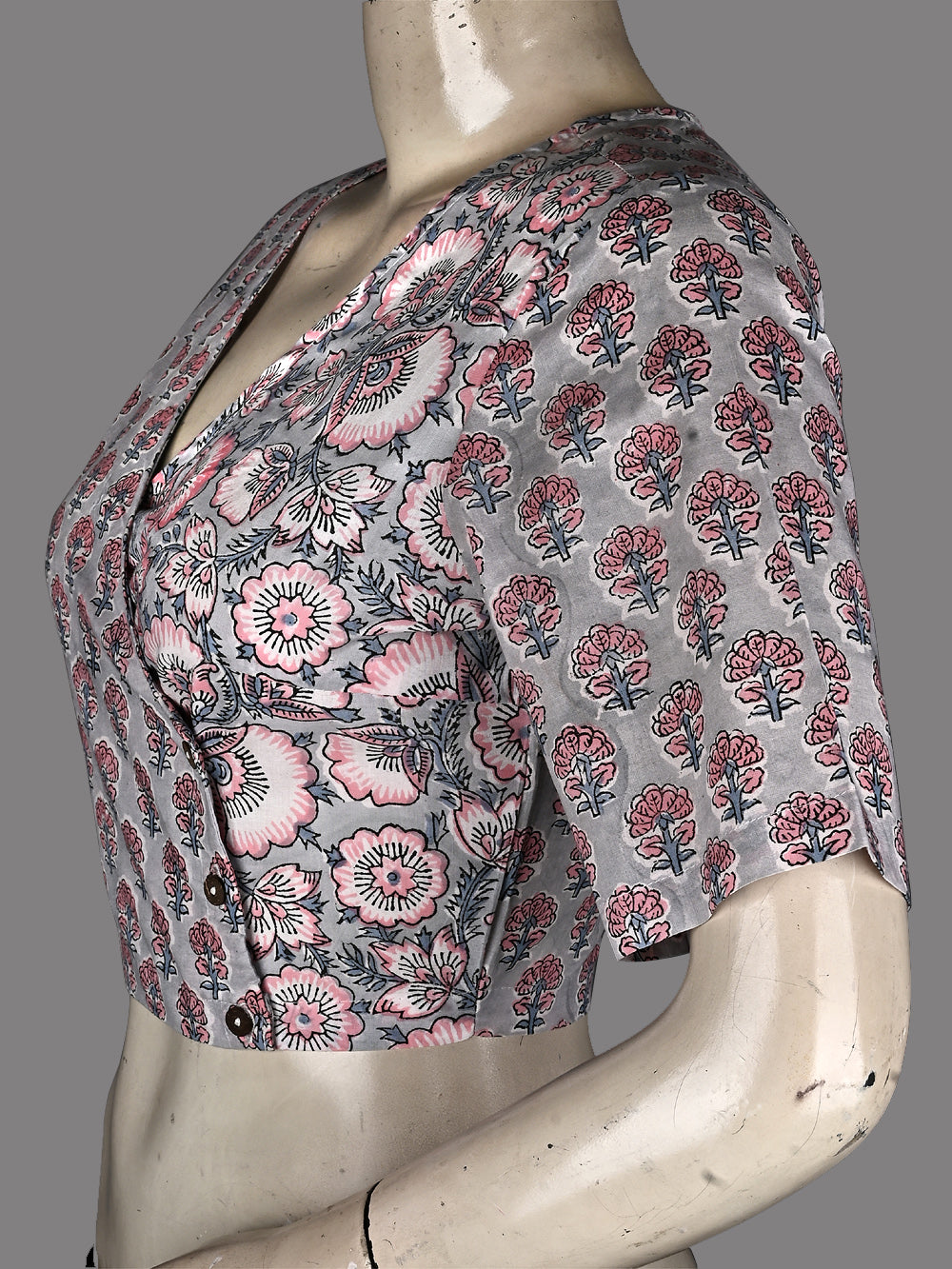 English Grey Garden Angrakha Hand Block Printed Cotton Blouse