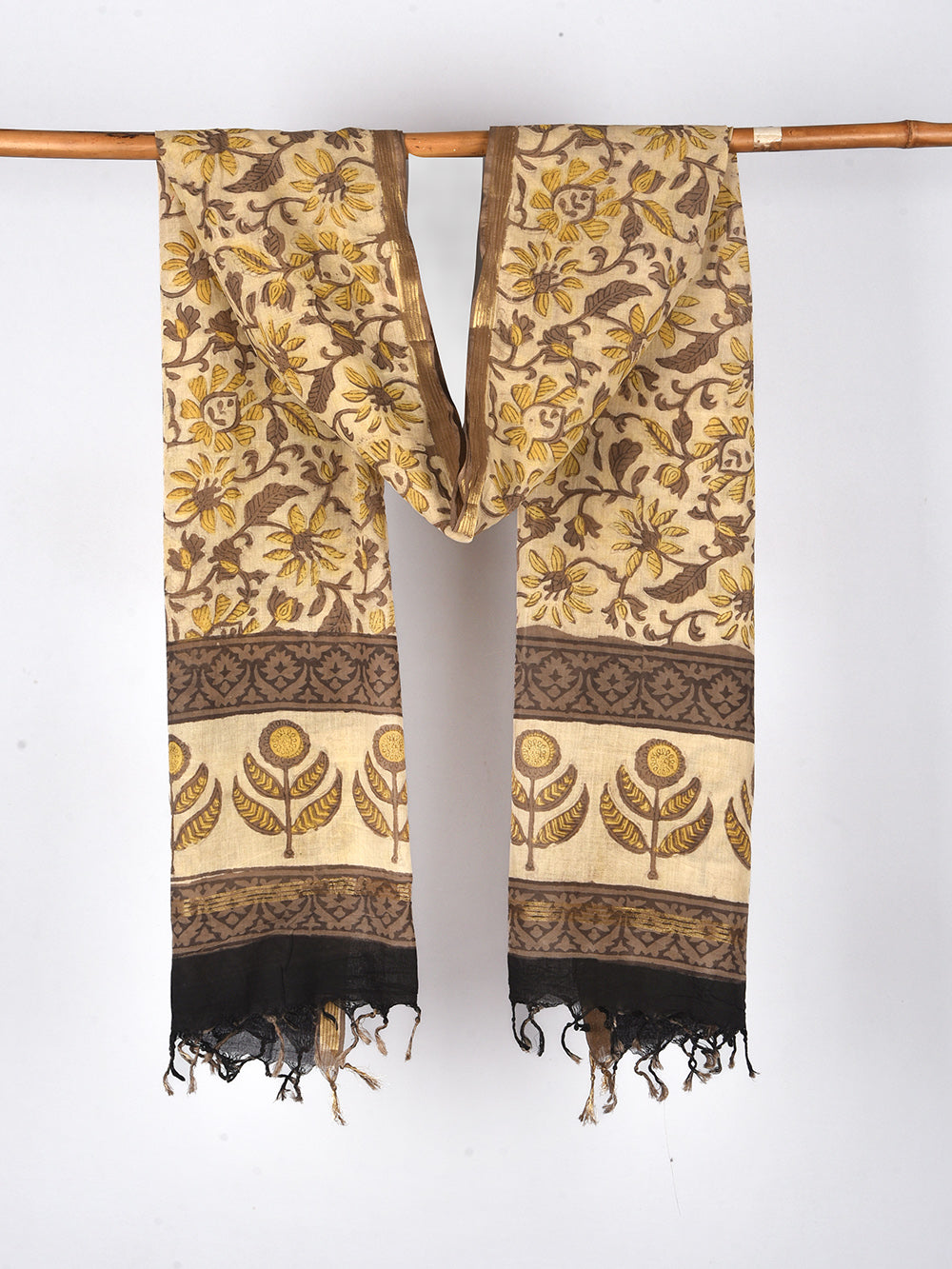 Brown Floral Vine Hand Block Printed Cotton Dupatta with Zari Border