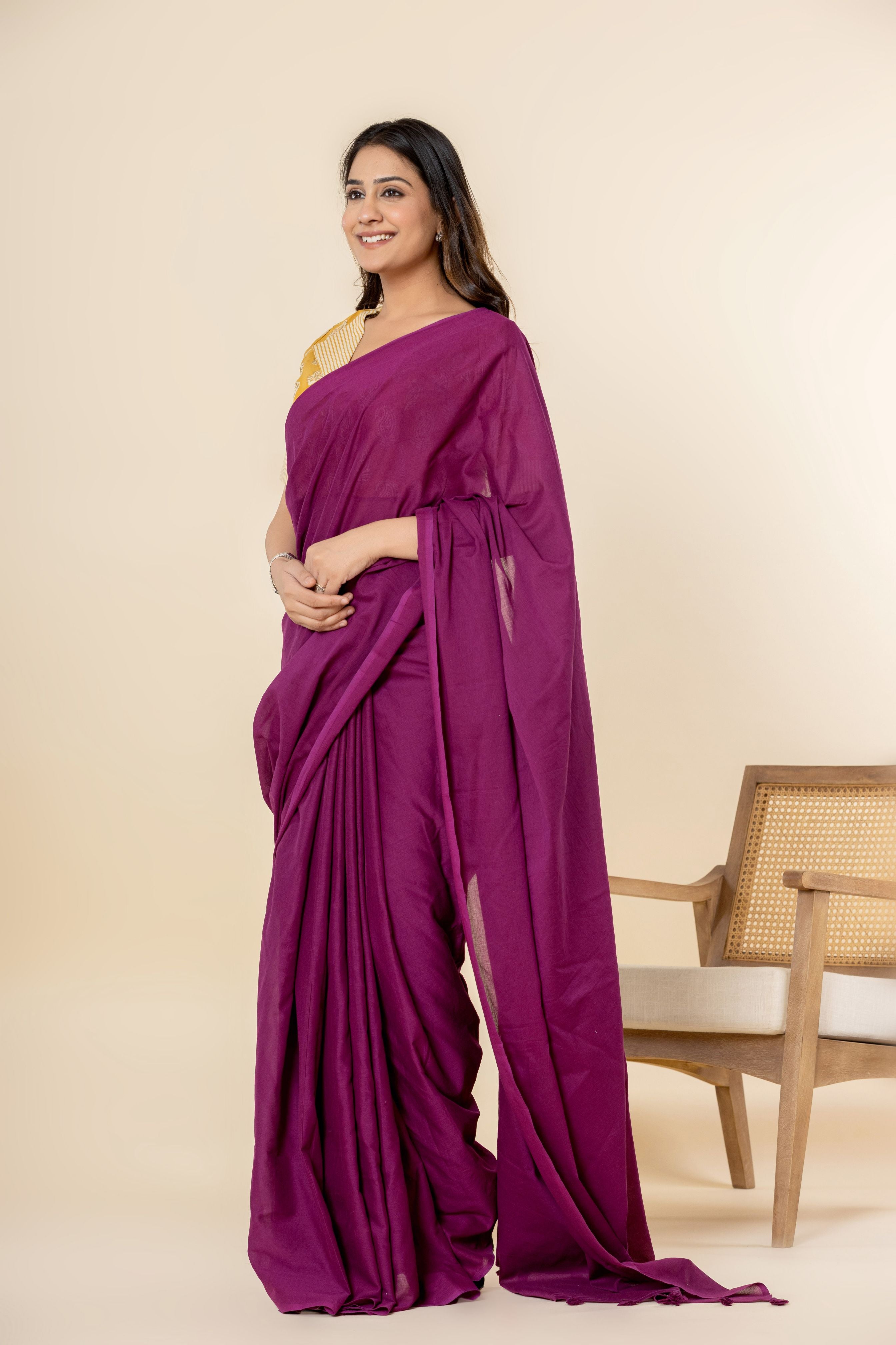 Mulberry Purple Dyed Mul Mul Cotton Saree with Tassels (without Blouse)