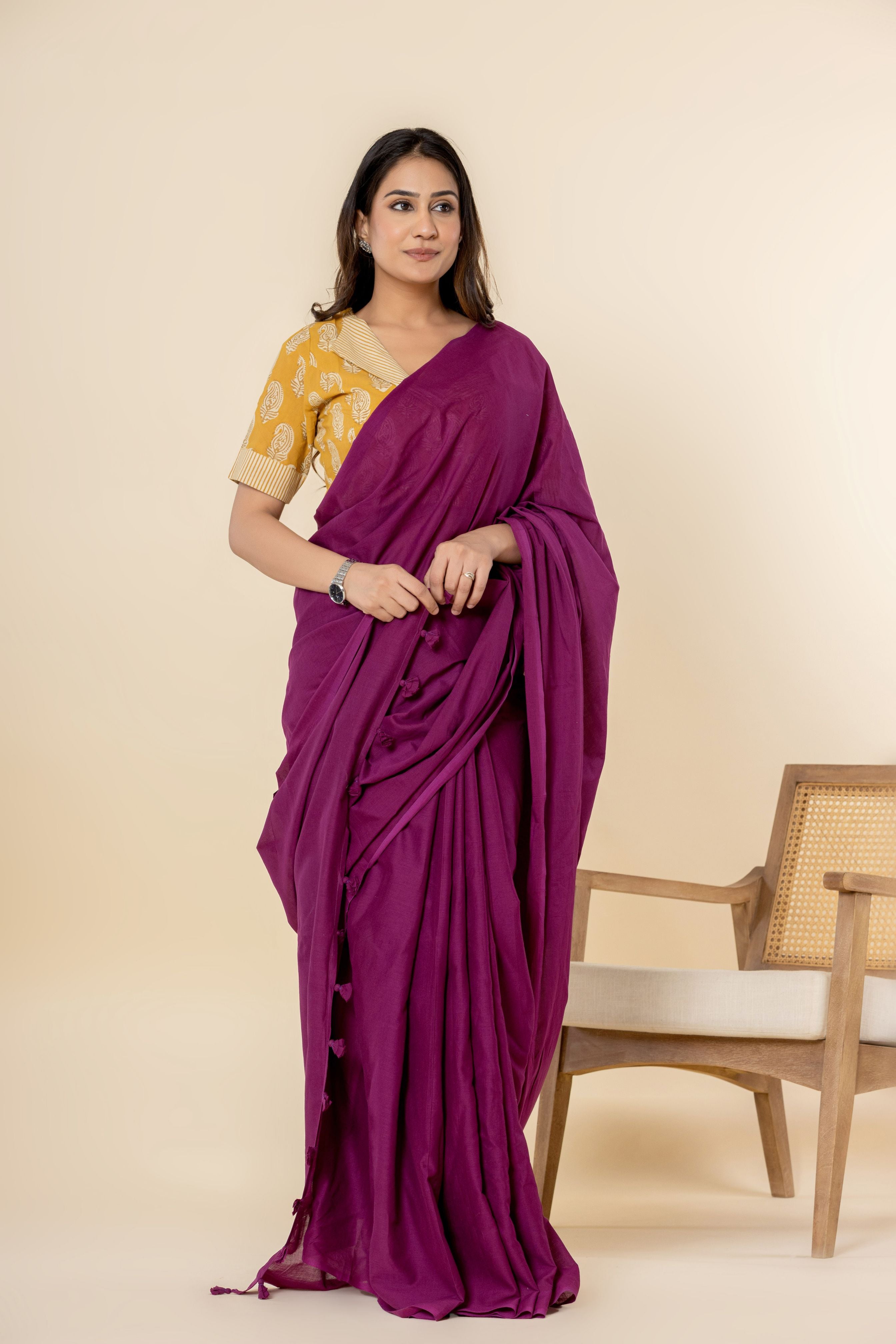 Mulberry Purple Dyed Mul Mul Cotton Saree with Tassels (without Blouse)