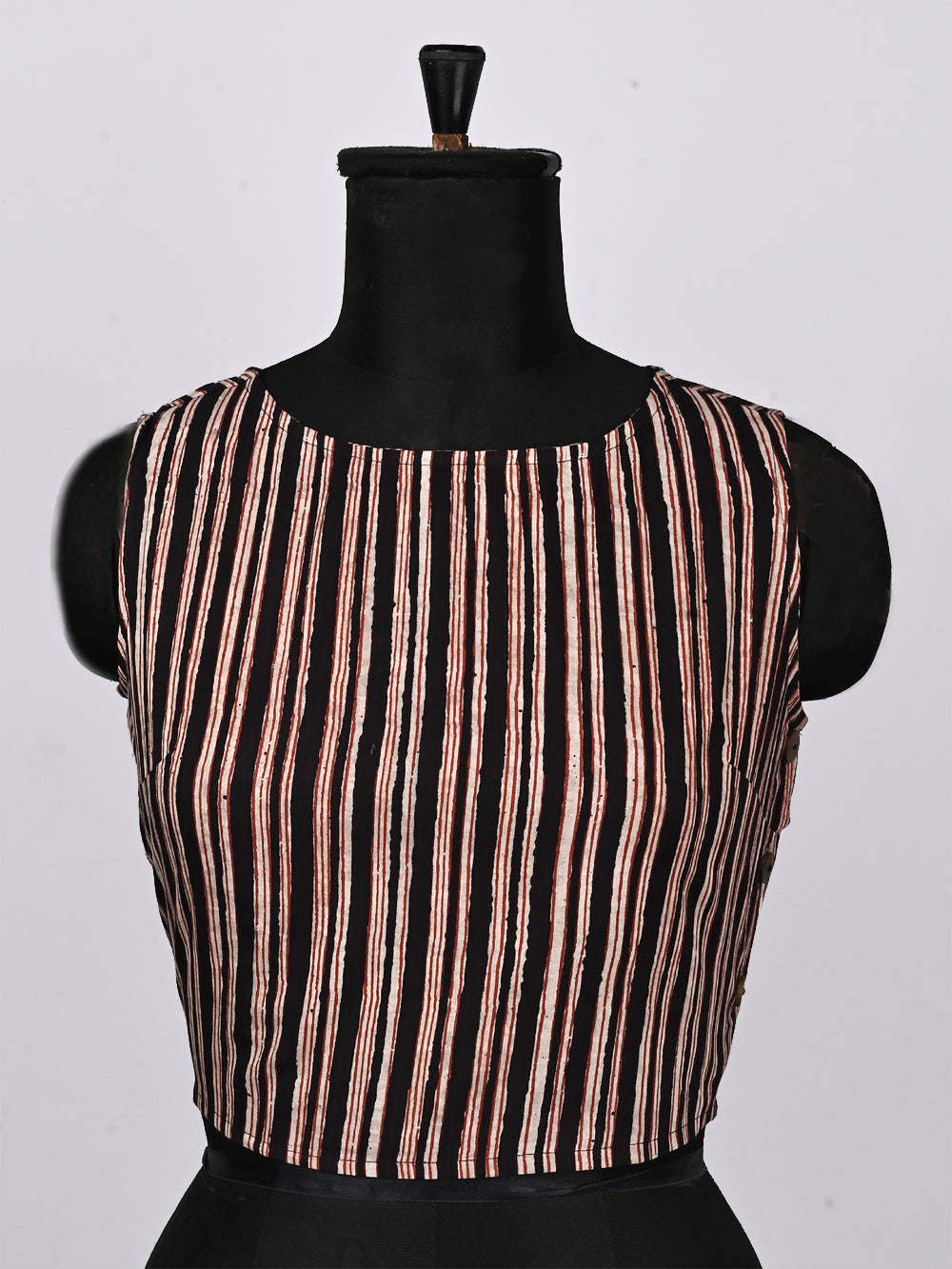 Natural Black Stripes Sleeveless Hand Block Printed Cotton Blouse