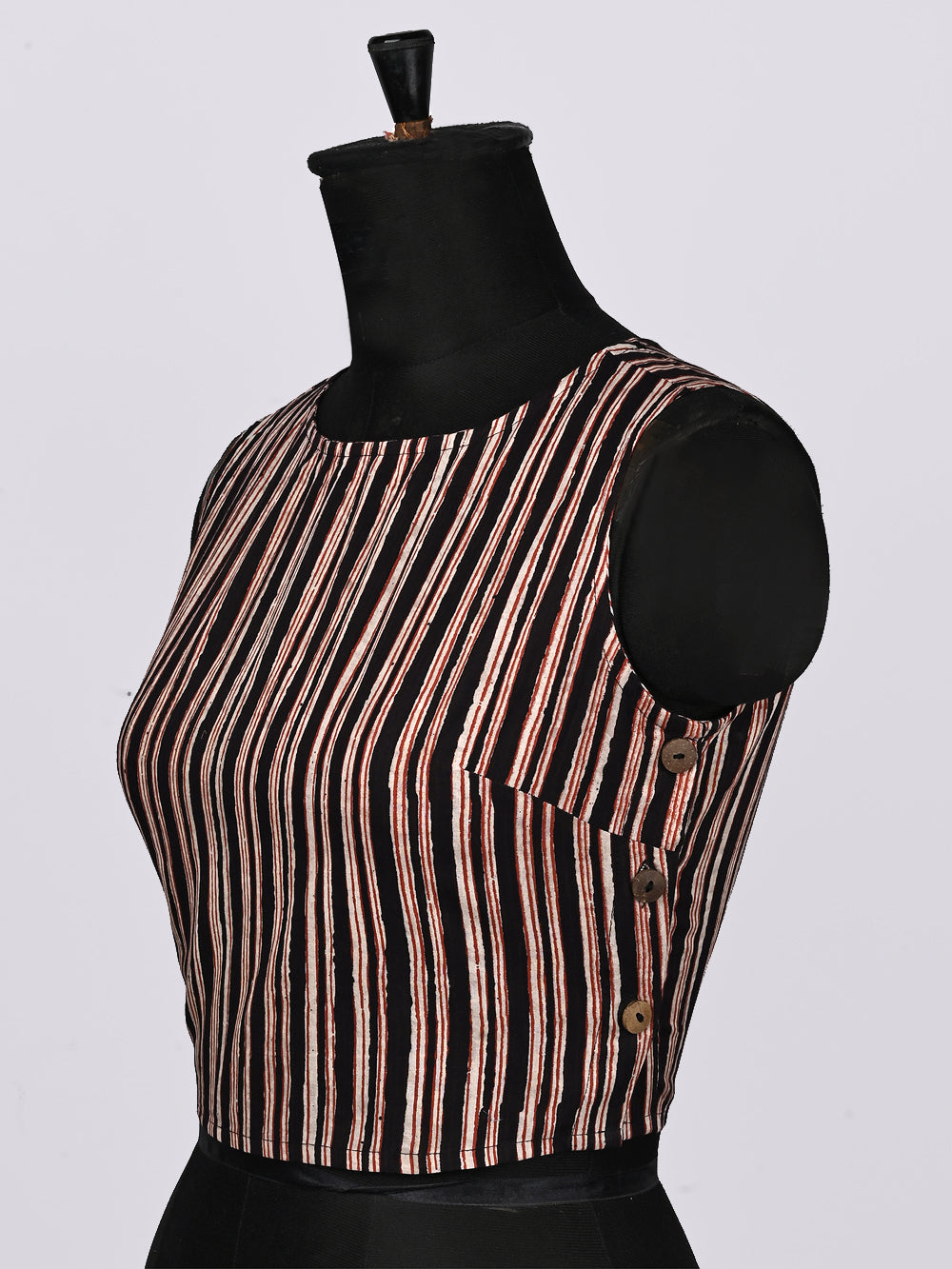 Natural Black Stripes Sleeveless Hand Block Printed Cotton Blouse