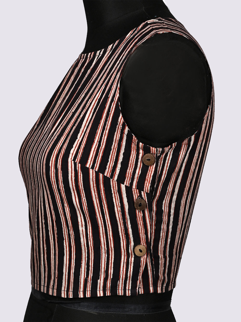 Natural Black Stripes Sleeveless Hand Block Printed Cotton Blouse