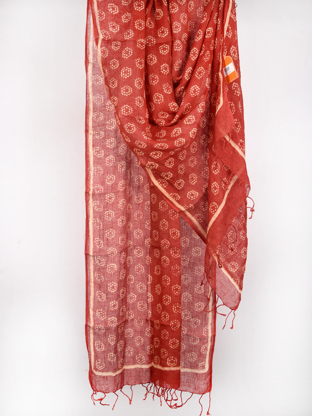 Red Abstract Flower Hand Printed Pure Linen Dupatta