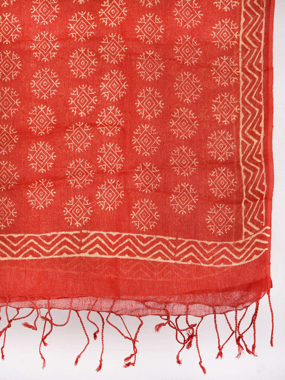 Red Mandala Hand Printed Pure Linen Dupatta