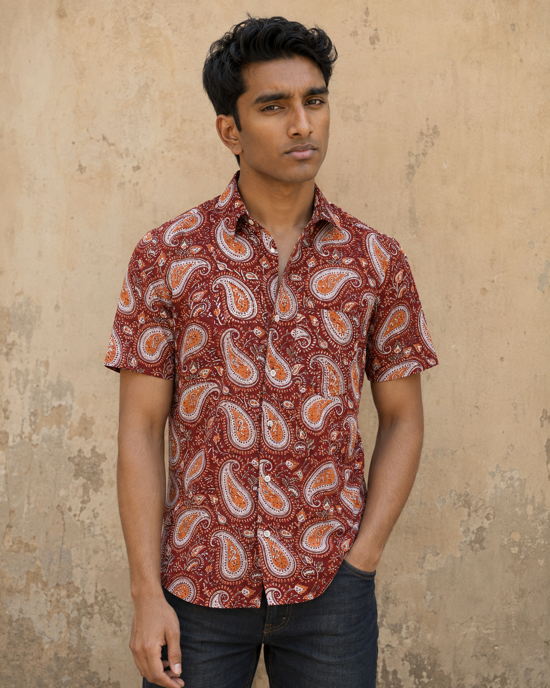Red Jaal Cotton Mens Half Sleeve Shirts