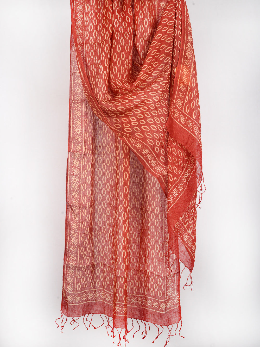 Red Brackets Hand Printed Pure Linen Dupatta