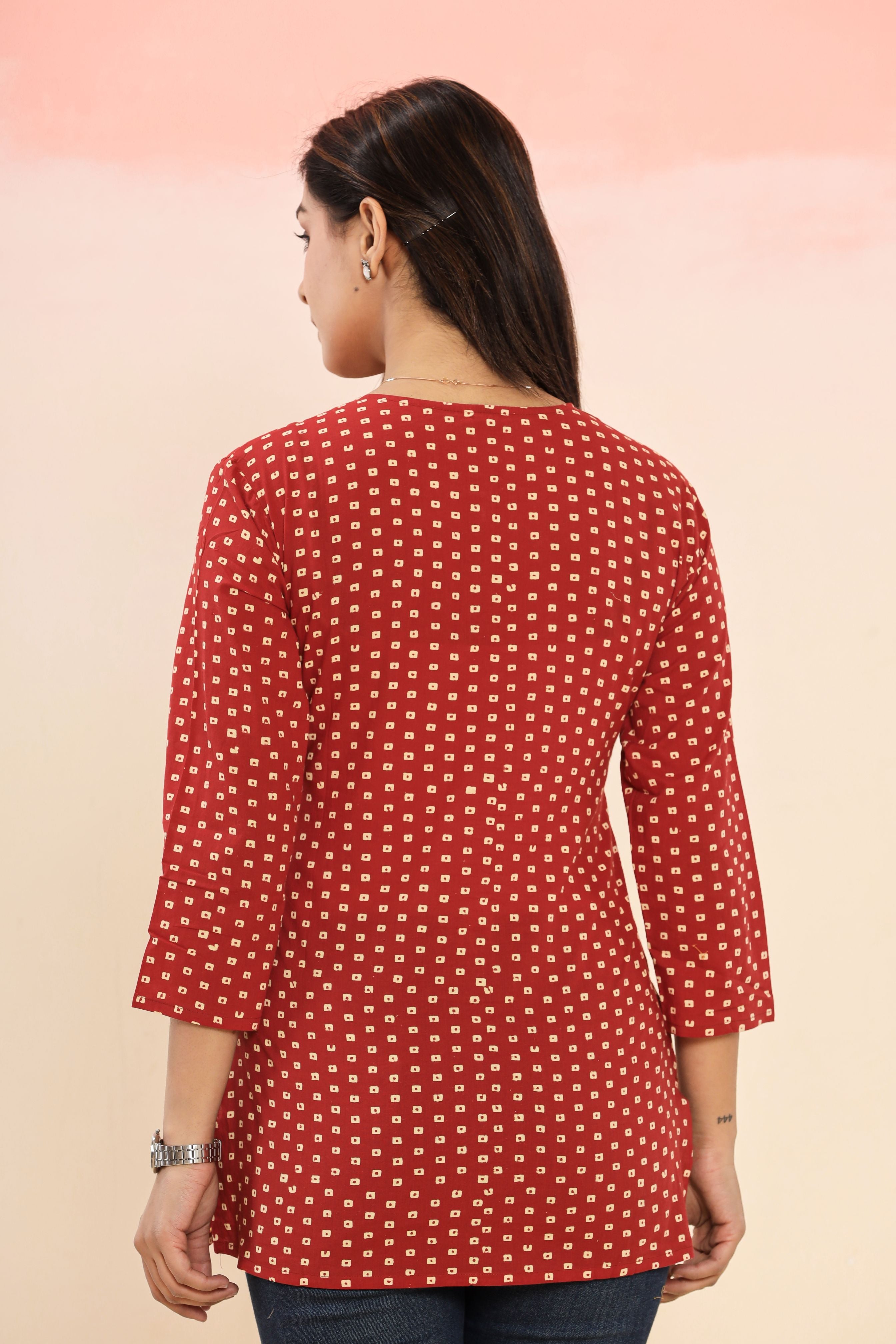 Red Bandhini Lounge Womens Hand Block Printed Tops