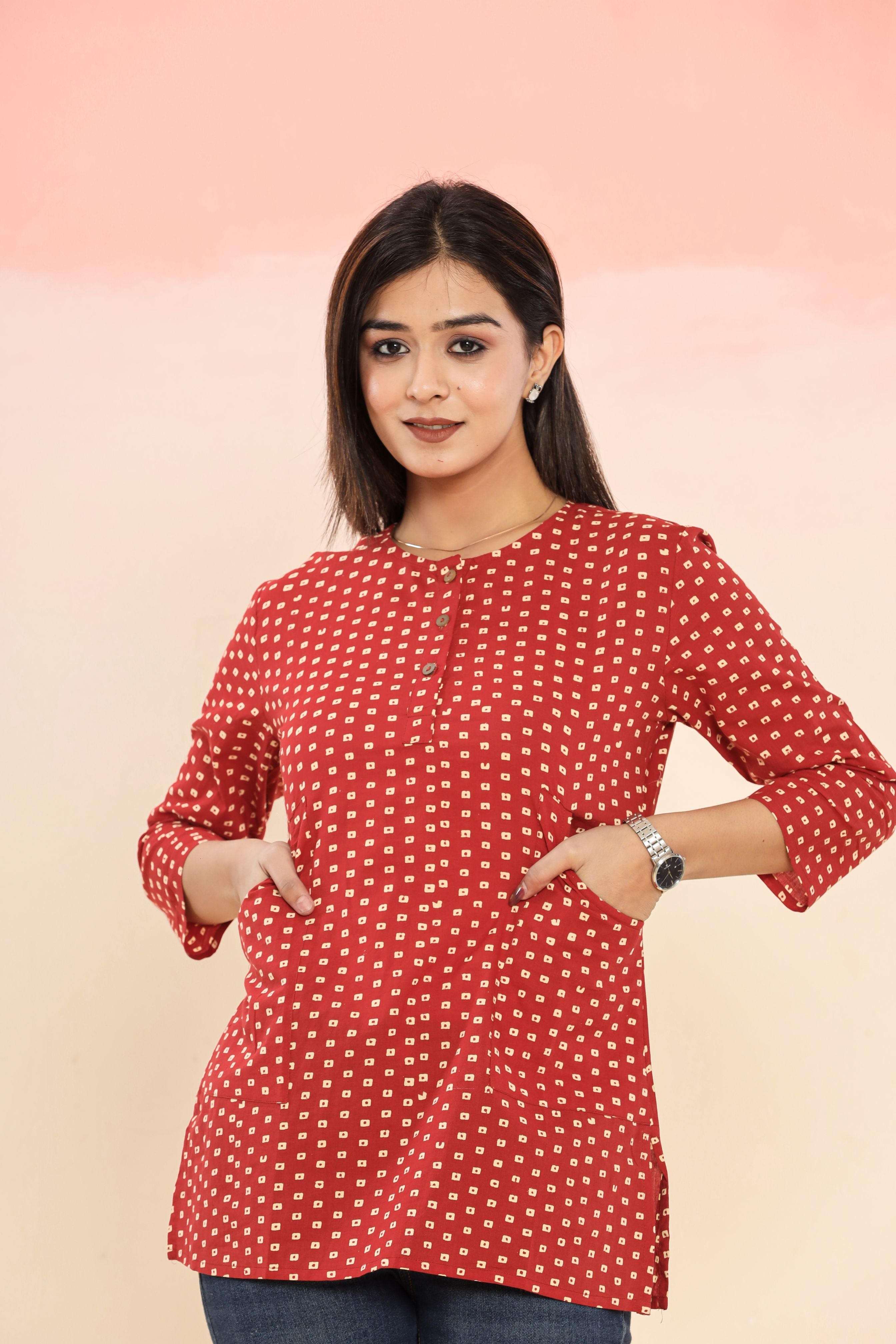 Red Bandhini Lounge Womens Hand Block Printed Tops