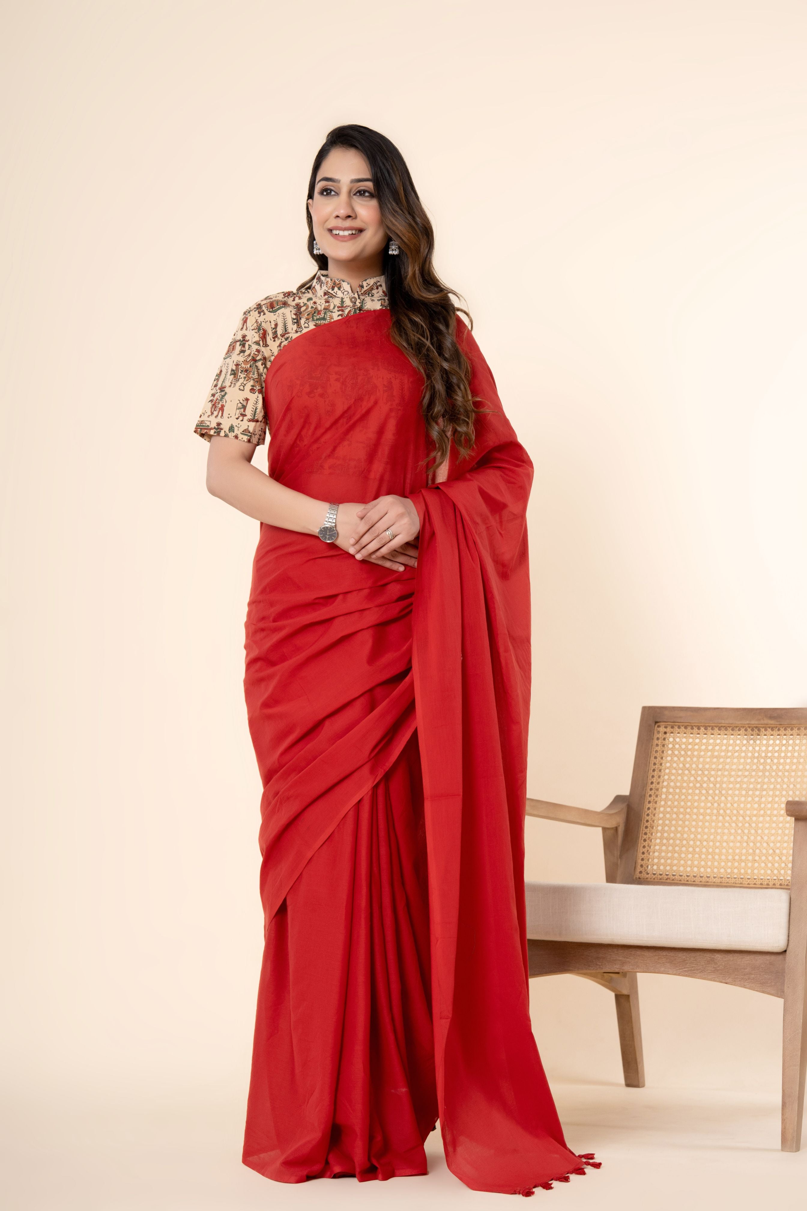 Bagru Red Dyed Mul Mul Cotton Saree with Tassels (without Blouse)