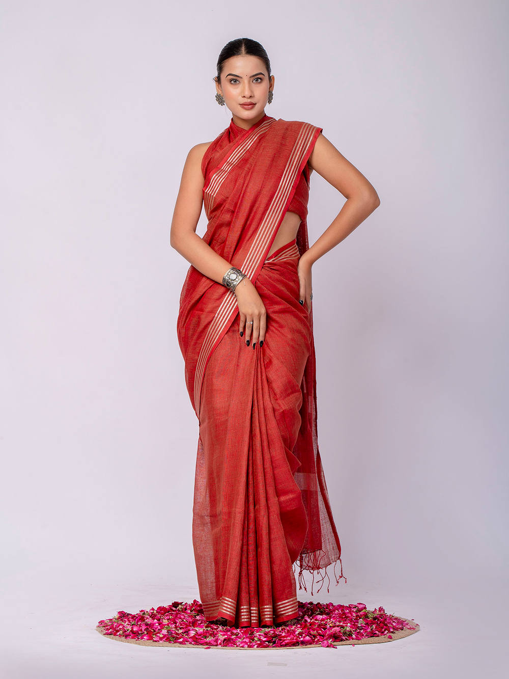 Earthy Red Cross Dyed Pure Linen Saree with Blouse