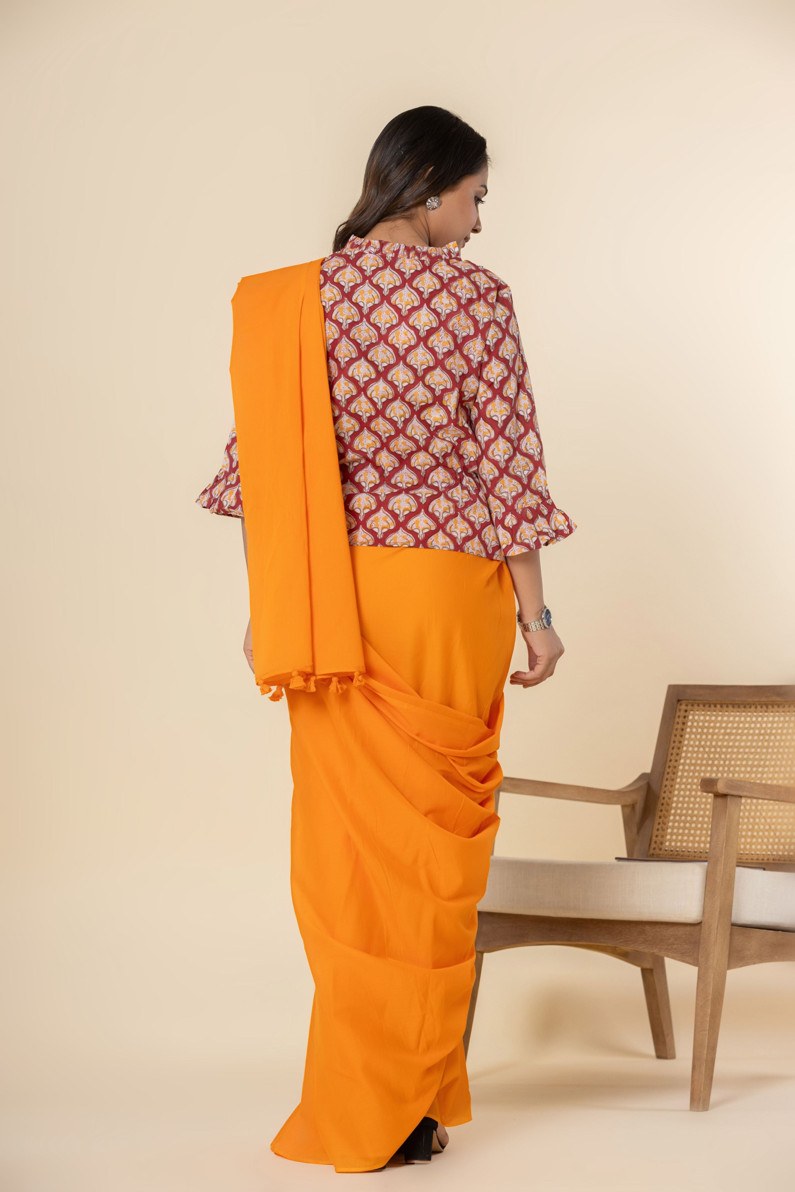 Sunrise Orange Dyed Mul Mul Cotton Saree with Tassels (without Blouse)