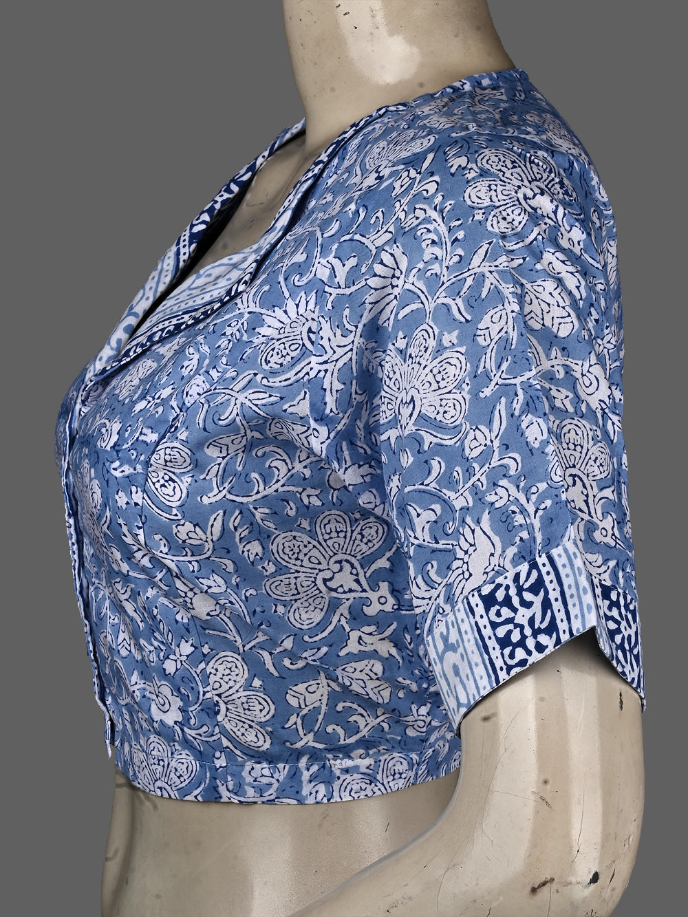 Aasmani Blue Jaal Overlap Collar Hand Block Printed Cotton Blouse