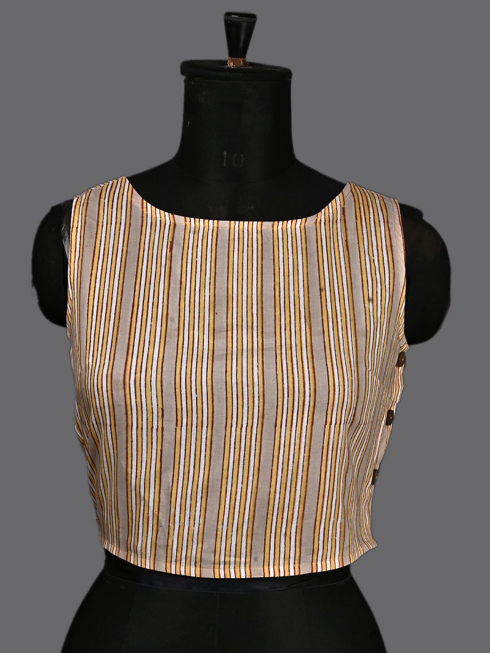 Railway Stripes Hand Block Printed Sleeveless Printed Cotton Blouse