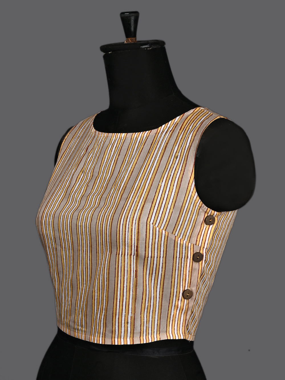 Railway Stripes Hand Block Printed Sleeveless Printed Cotton Blouse