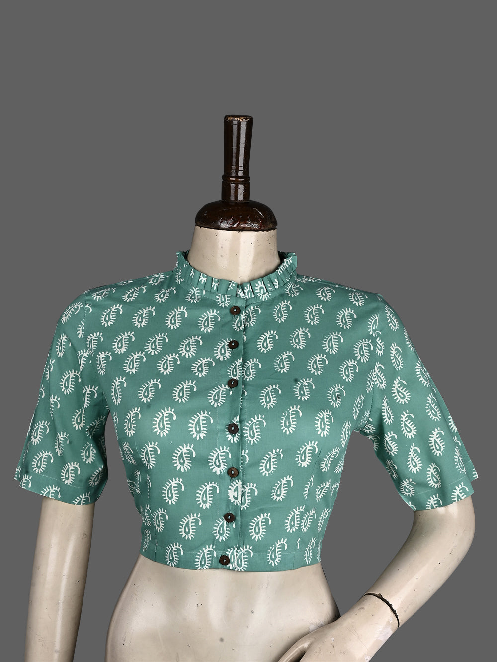 Sea Green Small Kairi Frill Collar Hand Block Printed Cotton Blouse