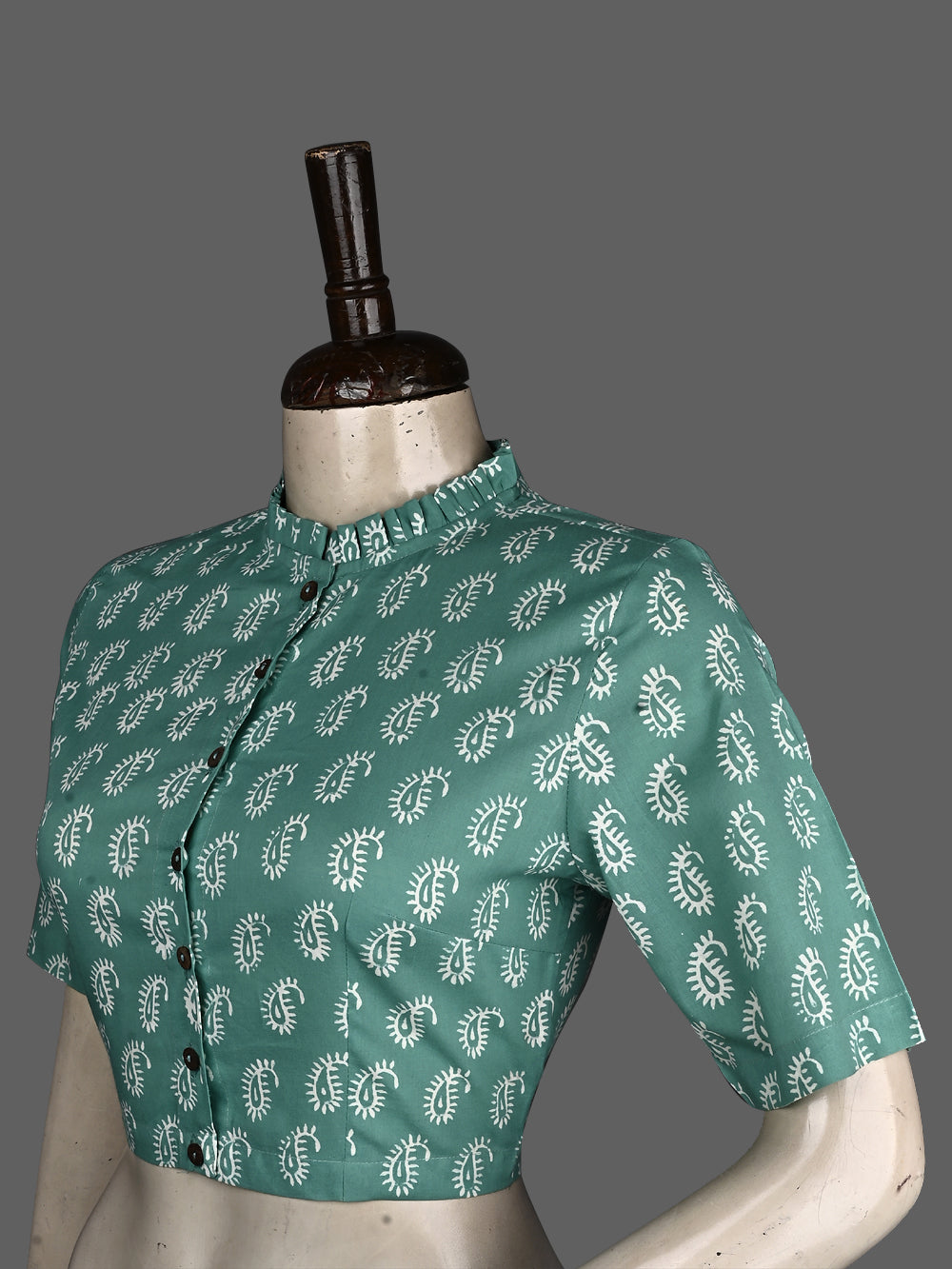 Sea Green Small Kairi Frill Collar Hand Block Printed Cotton Blouse