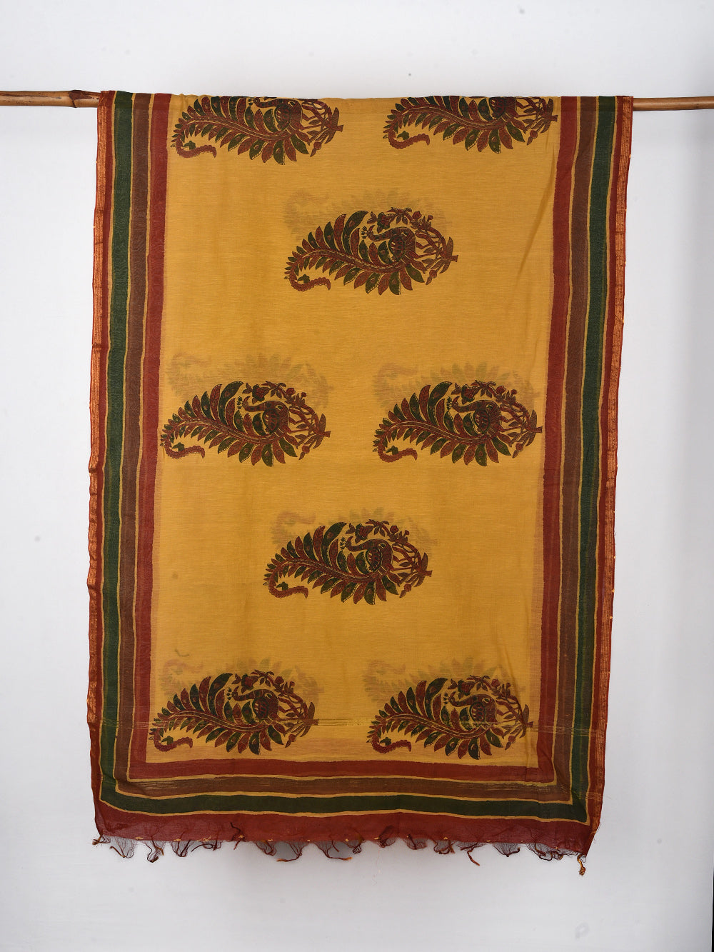 Yellow Peacock Boota Hand Block Printed Silk Cotton Chanderi Dupatta