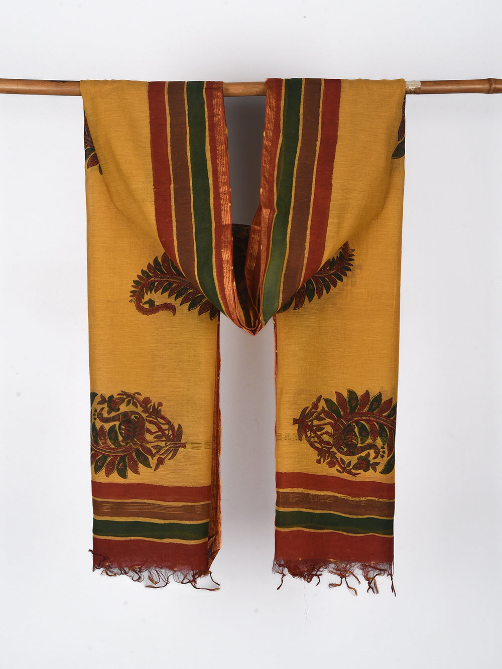 Yellow Peacock Boota Hand Block Printed Silk Cotton Chanderi Dupatta