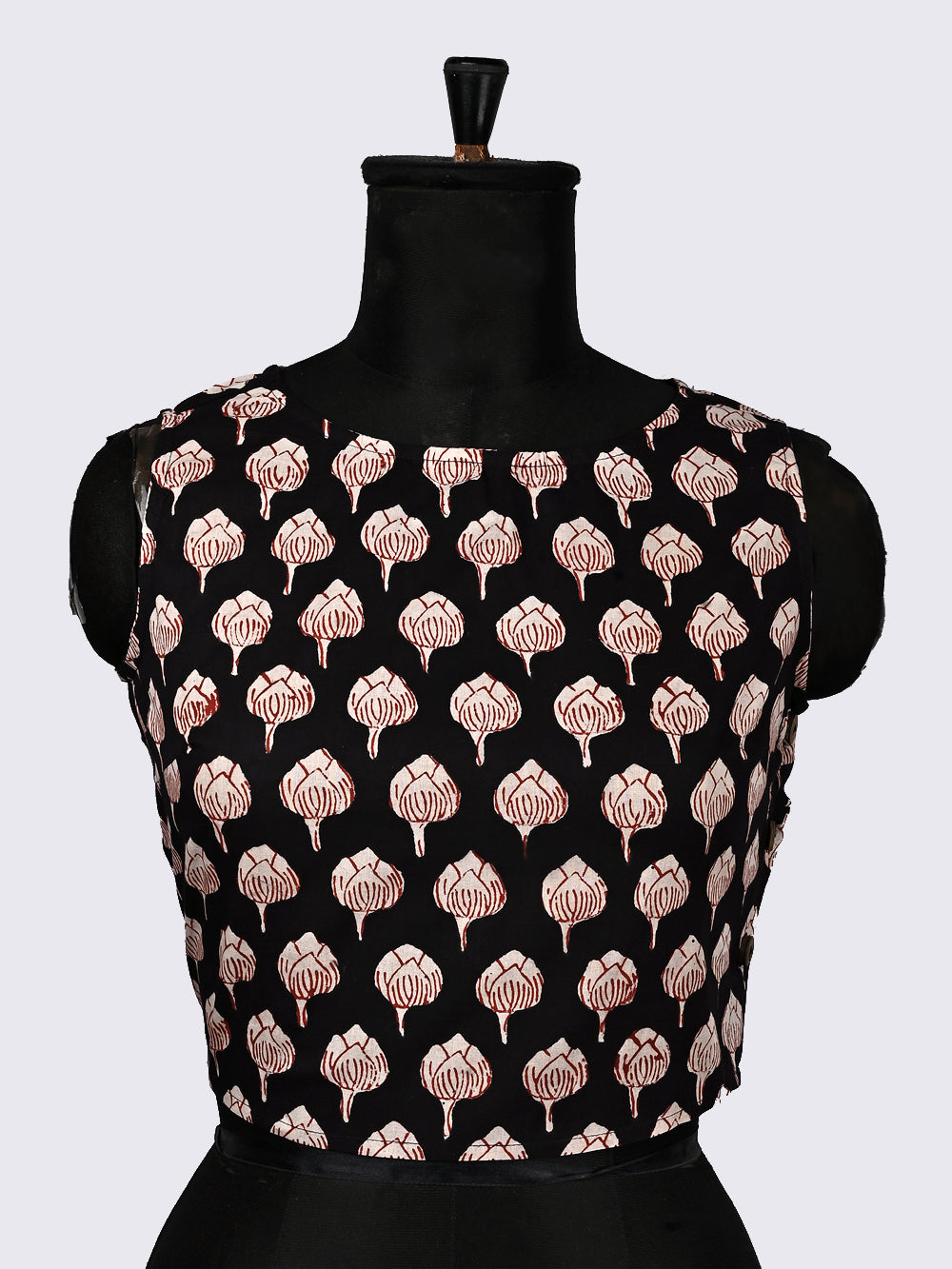 Natural Black Brahma Kamal Sleeveless Hand Block Printed Cotton Blouse