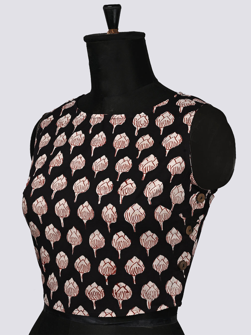 Natural Black Brahma Kamal Sleeveless Hand Block Printed Cotton Blouse