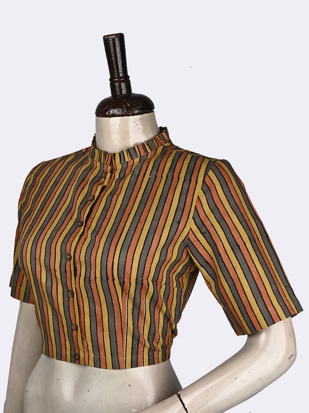 Kalamkari Rozaana Stripes Frill Collar Hand Block Printed Cotton Blouse