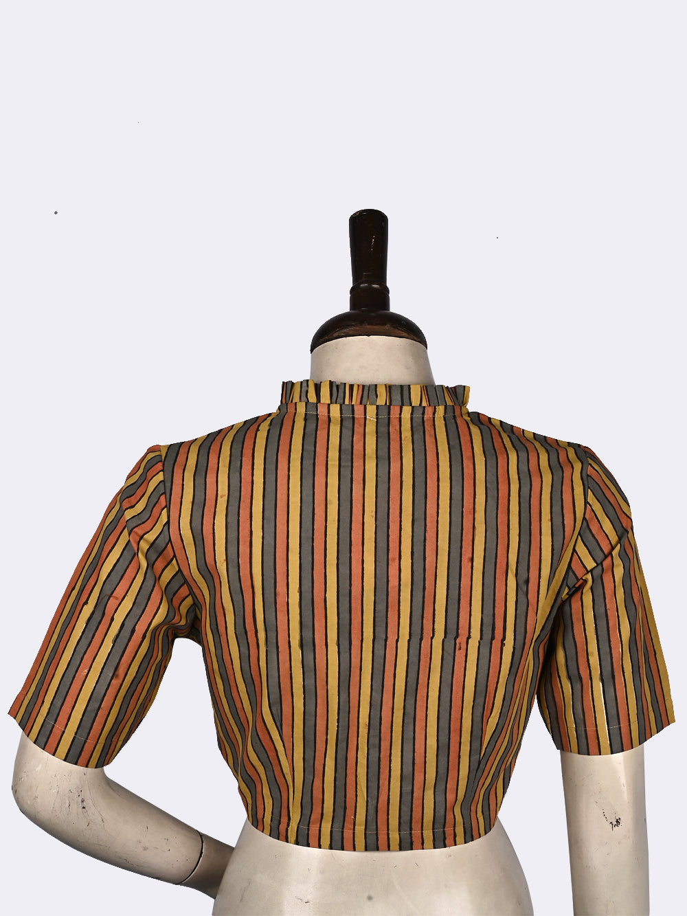 Kalamkari Rozaana Stripes Frill Collar Hand Block Printed Cotton Blouse