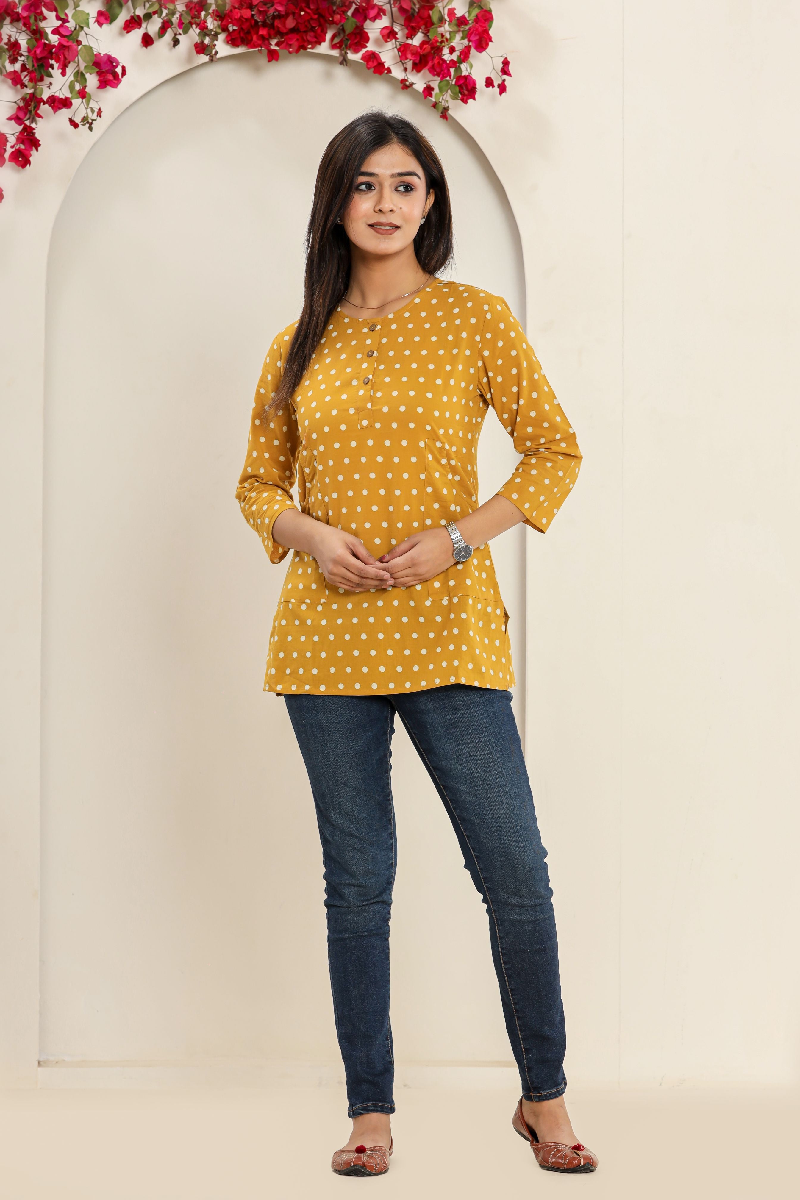 Sunshine Yellow Polka Dots Lounge Womens Hand Block Printed Tops