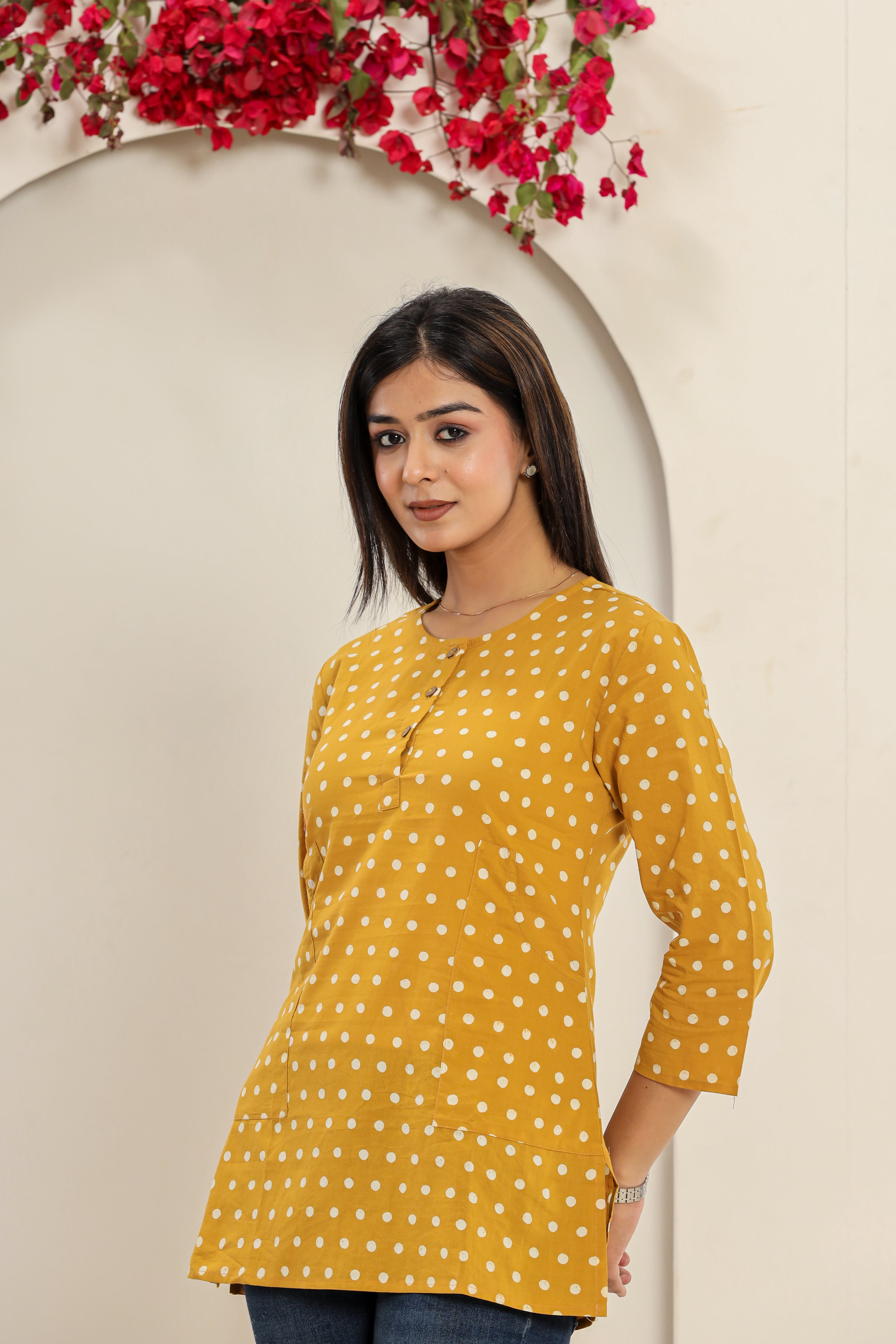 Sunshine Yellow Polka Dots Lounge Womens Hand Block Printed Tops