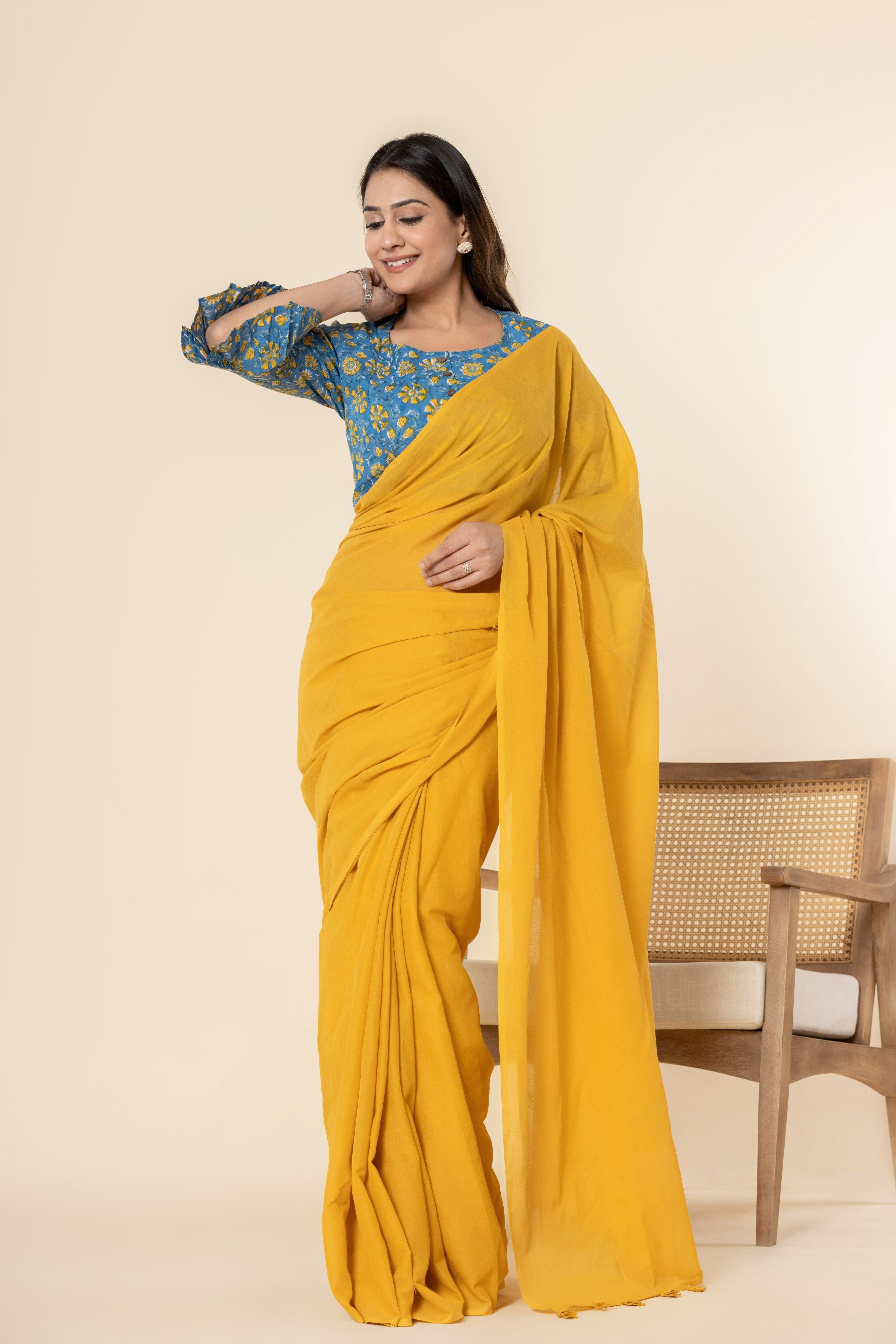 Sunshine Yellow Dyed Mul Mul Cotton Saree with Tassels (without Blouse)