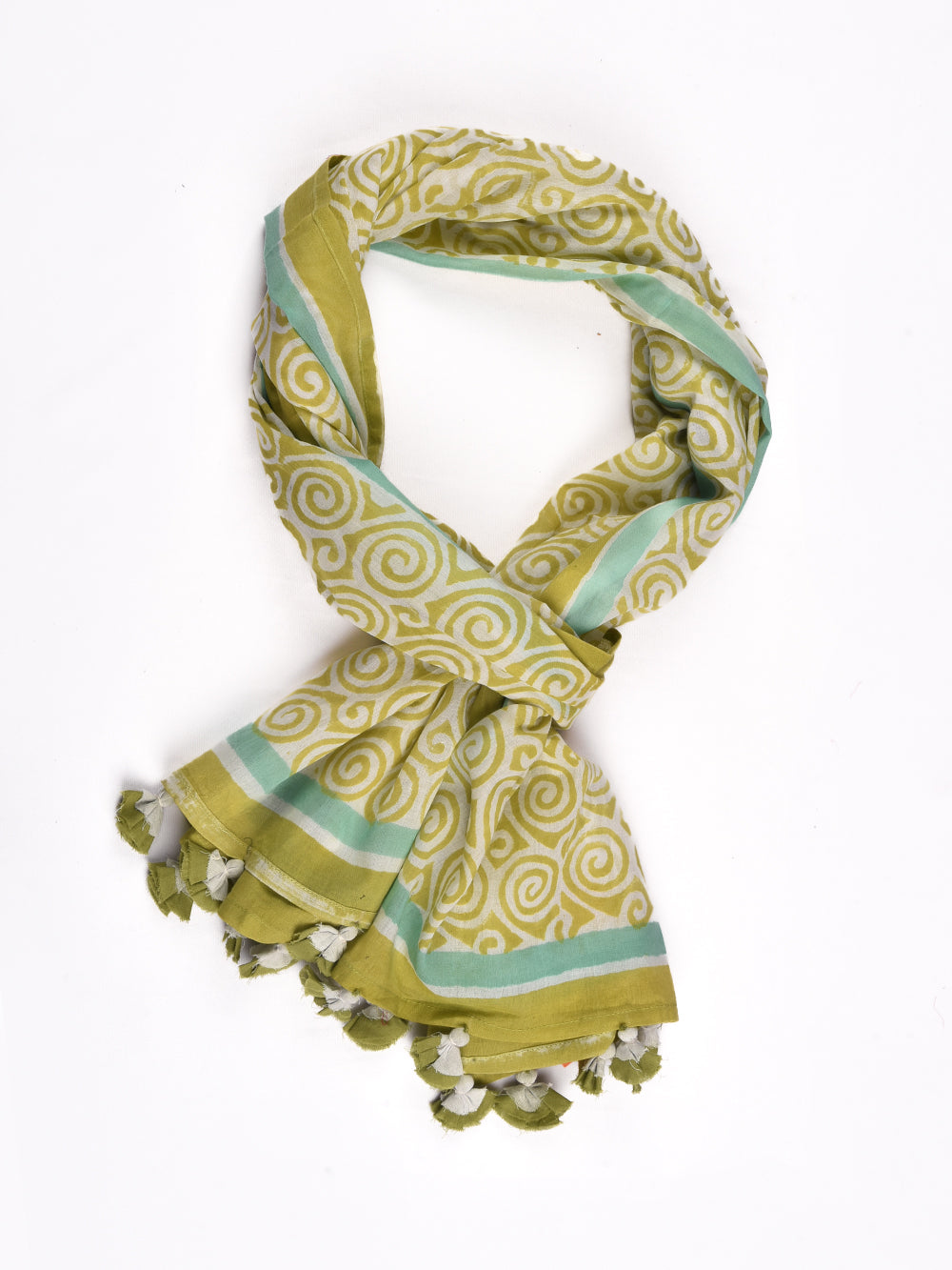 Green Sanganeri Spirals Cotton Voile Block Printed Stole