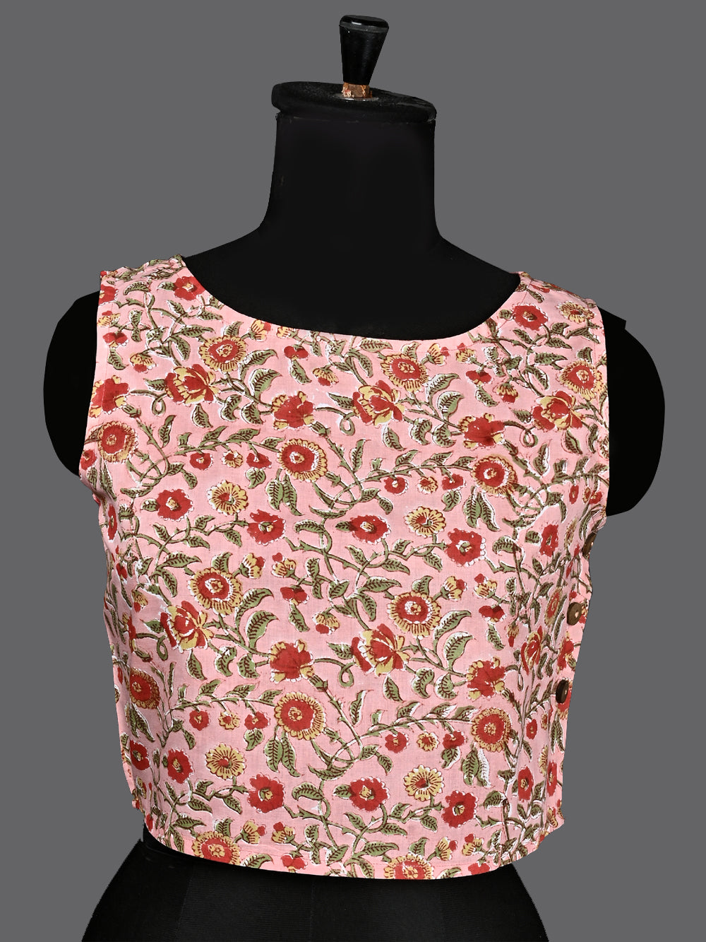 Gulaabi Chaman Sleeveless Hand Block Printed Cotton Blouse