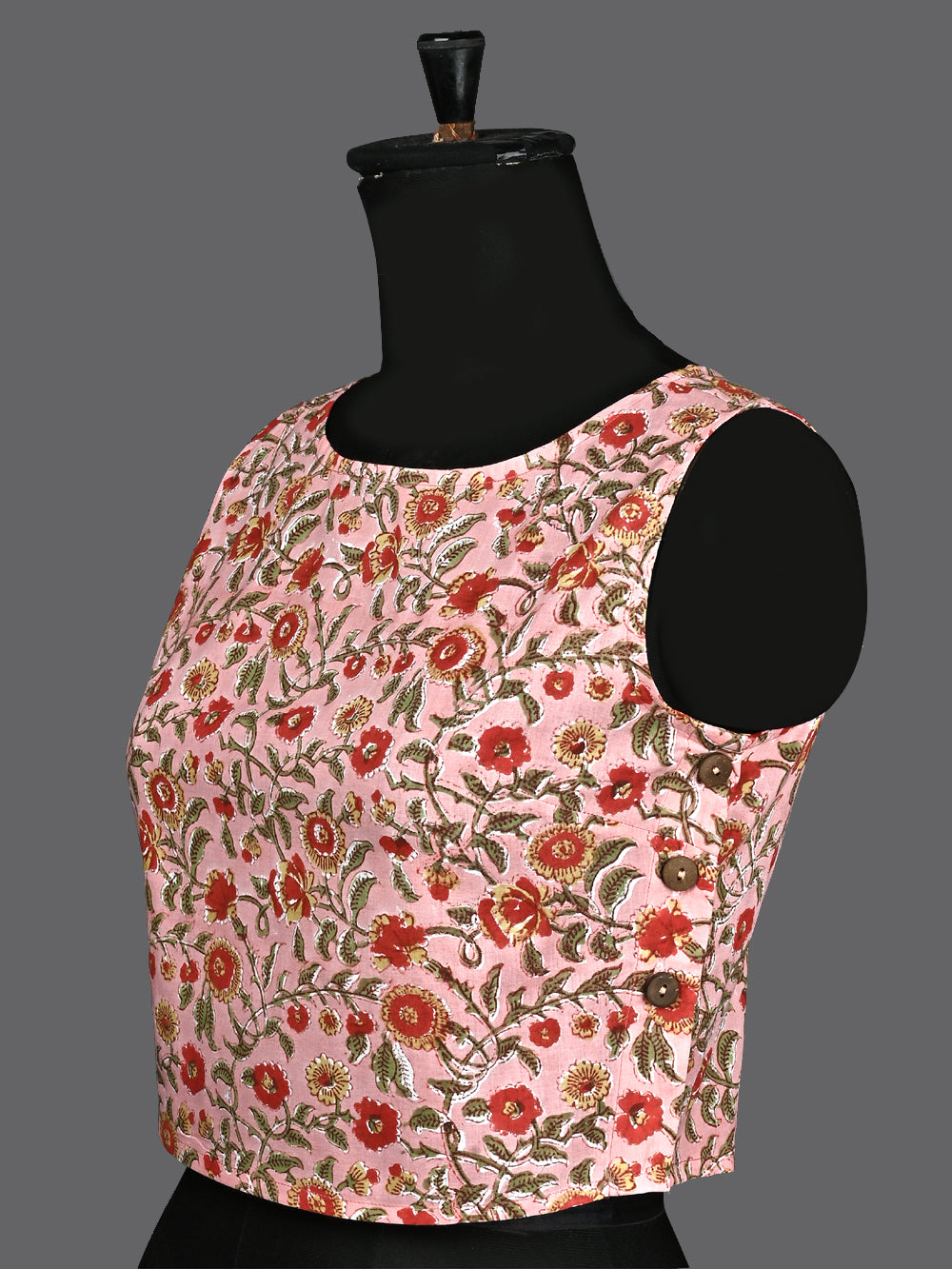 Gulaabi Chaman Sleeveless Hand Block Printed Cotton Blouse