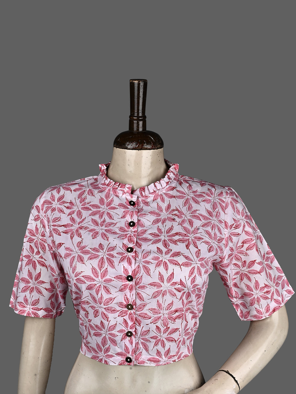 Pink Fall Leaf Frill Collar Hand Block Printed Cotton Blouse