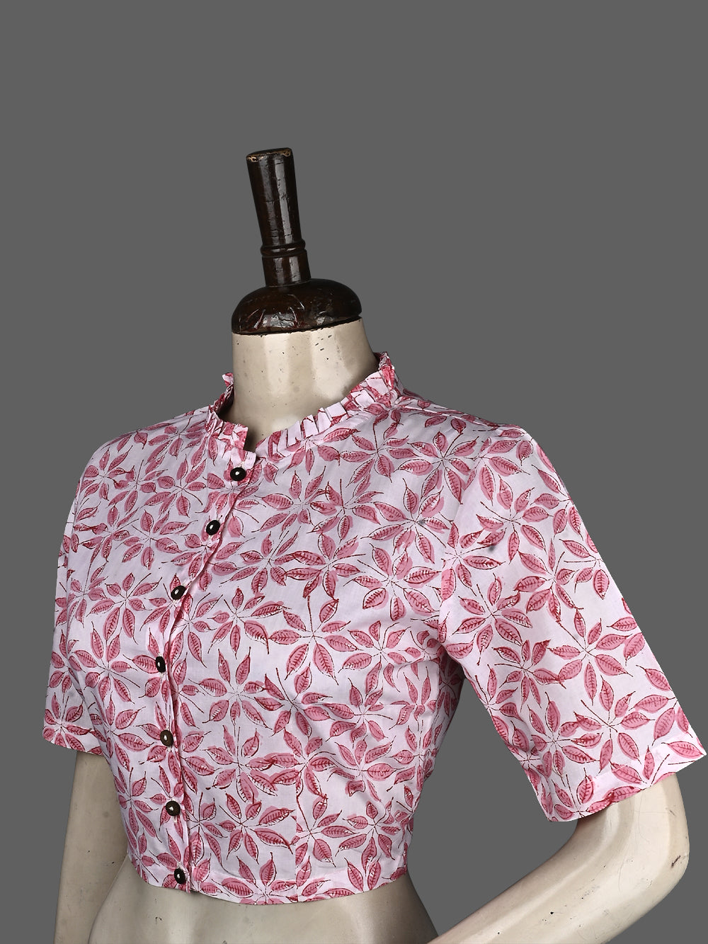 Pink Fall Leaf Frill Collar Hand Block Printed Cotton Blouse