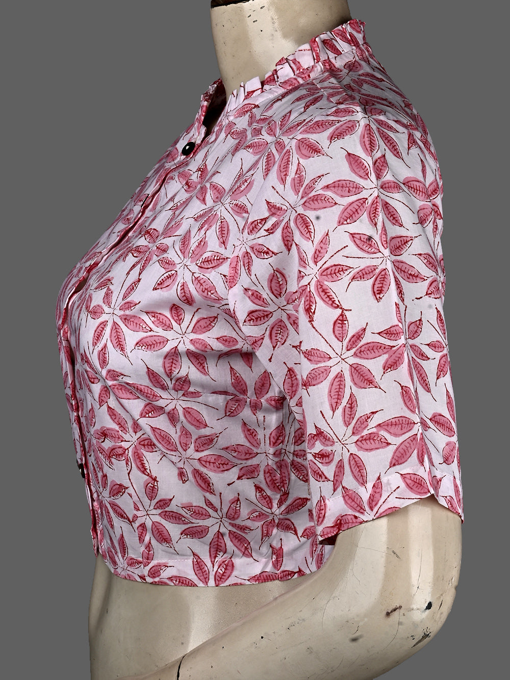 Pink Fall Leaf Frill Collar Hand Block Printed Cotton Blouse