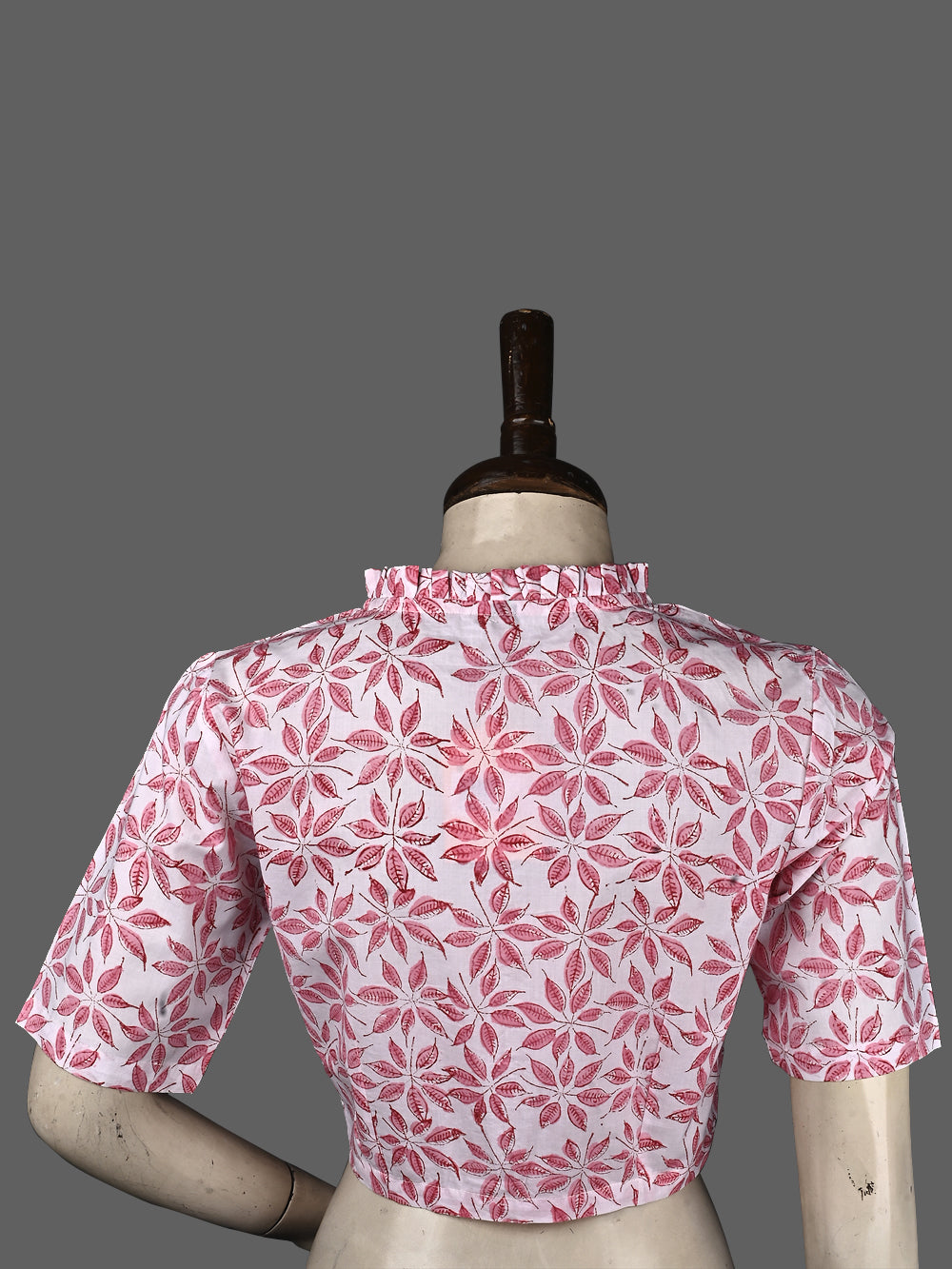 Pink Fall Leaf Frill Collar Hand Block Printed Cotton Blouse